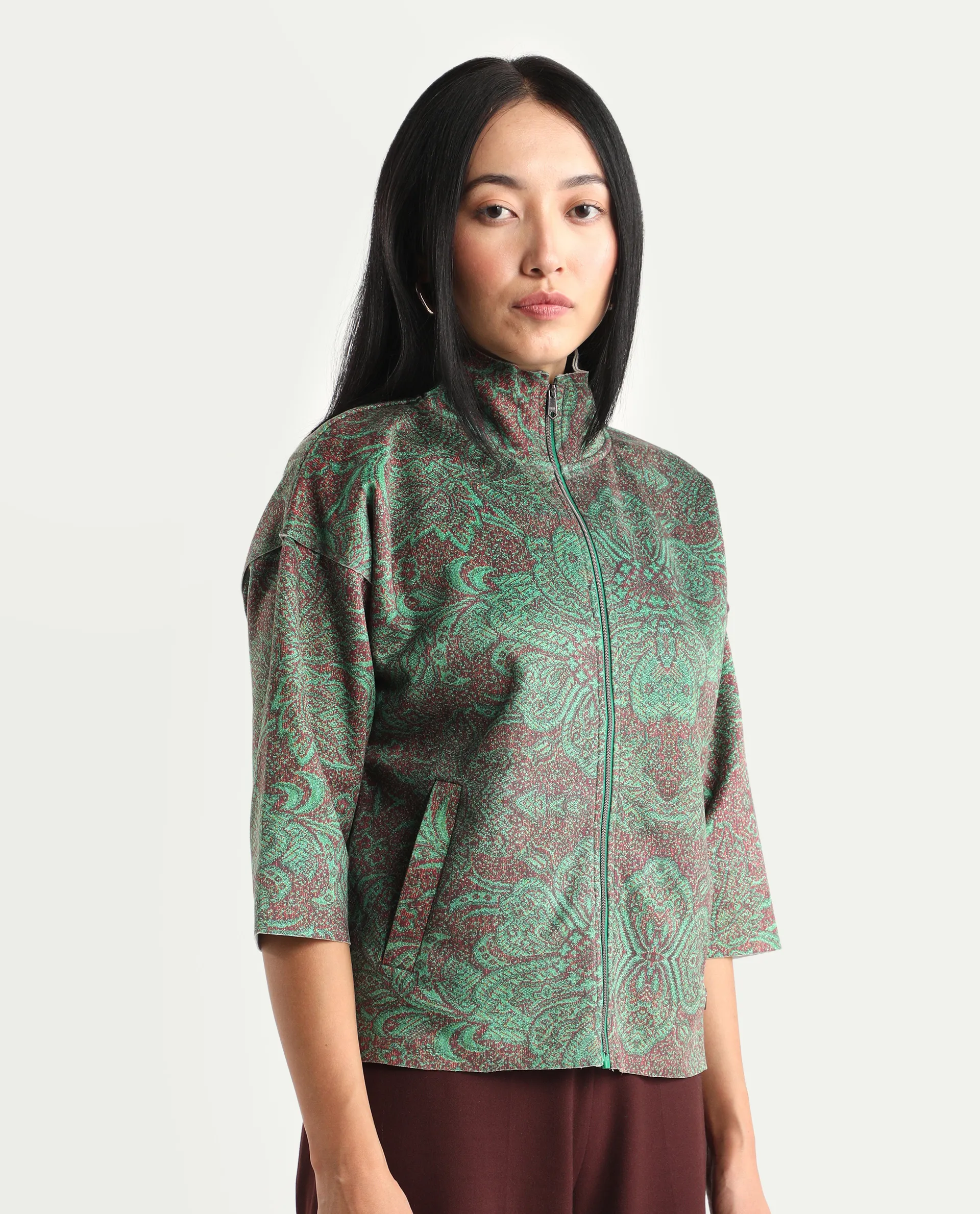 Rareism Women's Vasy Multi Suede Stand Collar Floral Print Boxy Fit Jacket - Image 6