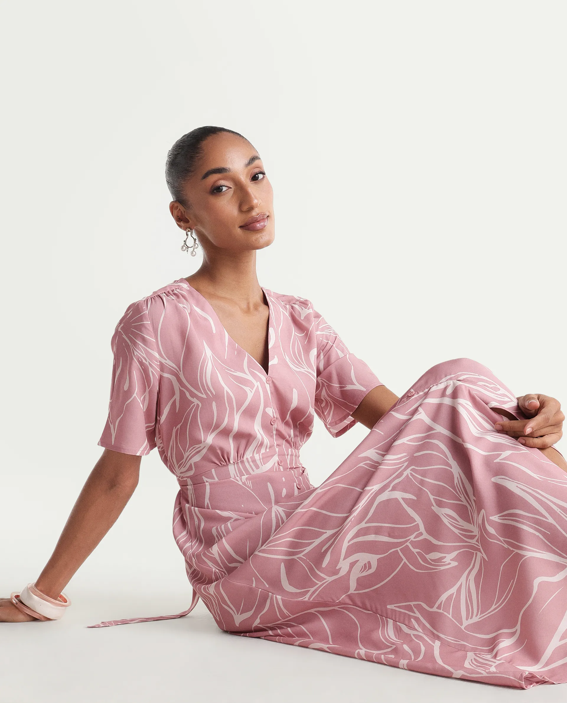 Rareism Women's Vatah Pink Viscose V-Neck A-Line Floral Print Dress - Image 2