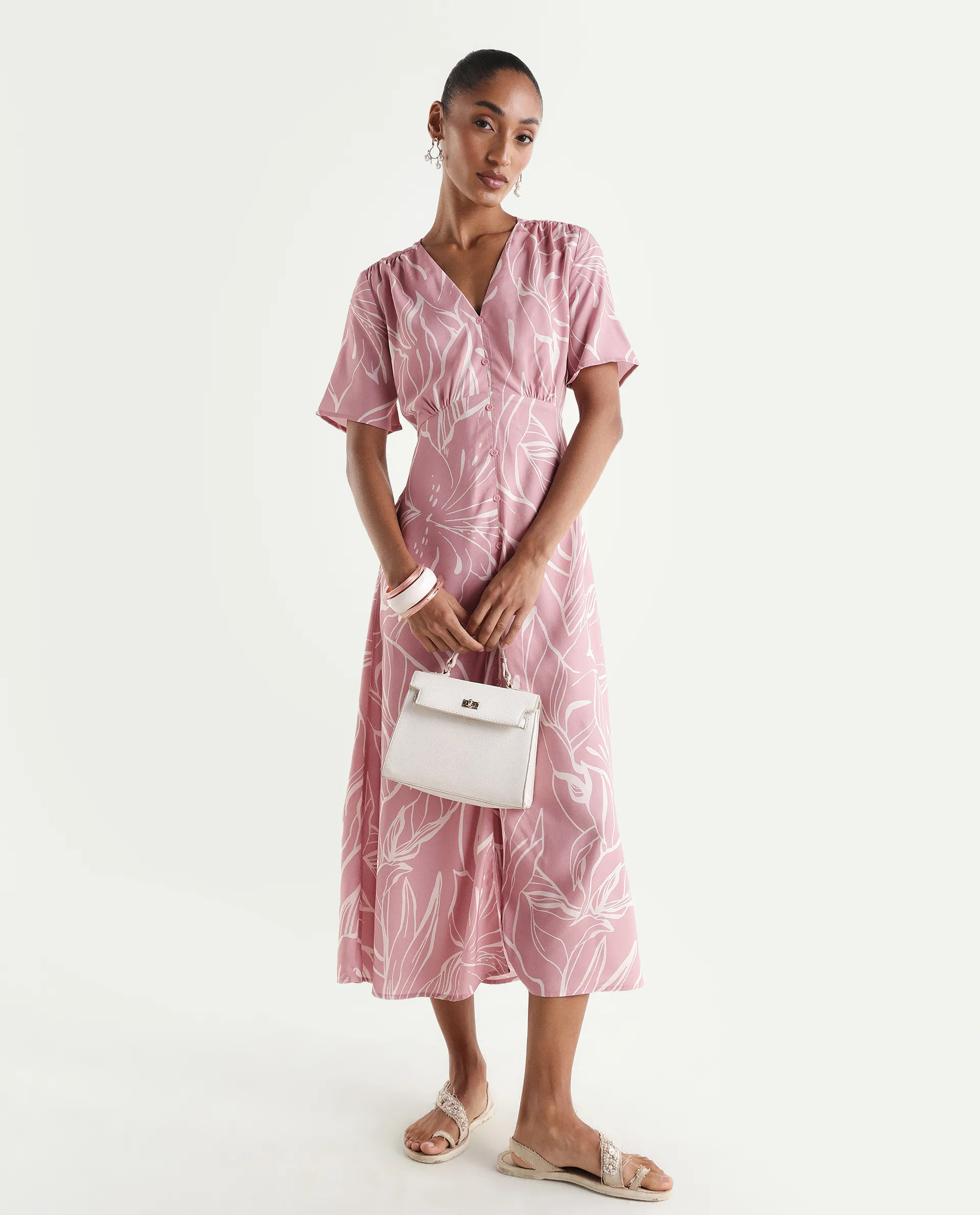 Rareism Women's Vatah Pink Viscose V-Neck A-Line Floral Print Dress - Image 3
