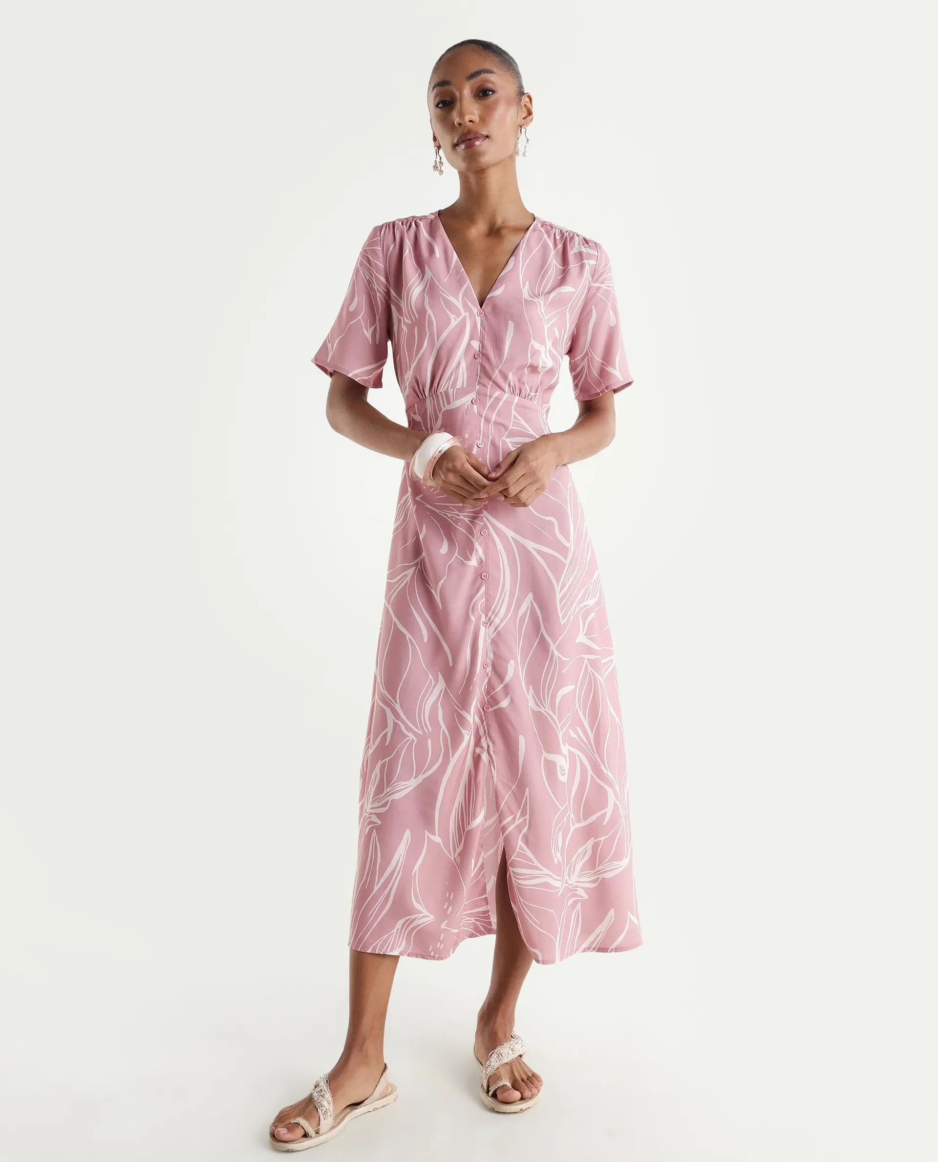 Rareism Women's Vatah Pink Viscose V-Neck A-Line Floral Print Dress - Image 5