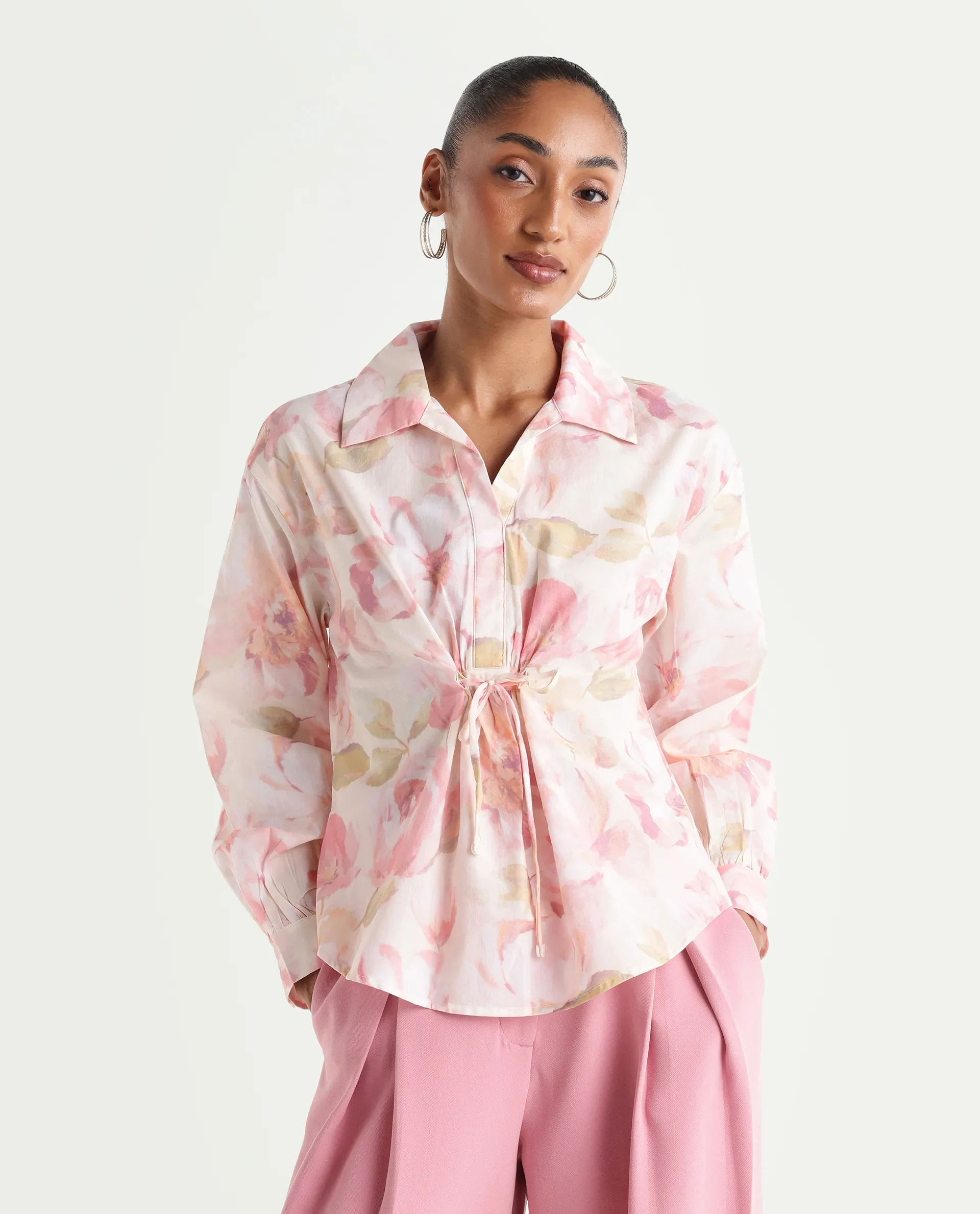 Rareism Women's Vatia Light Multi Cotton Spread Collar Relaxed Floral Print Top