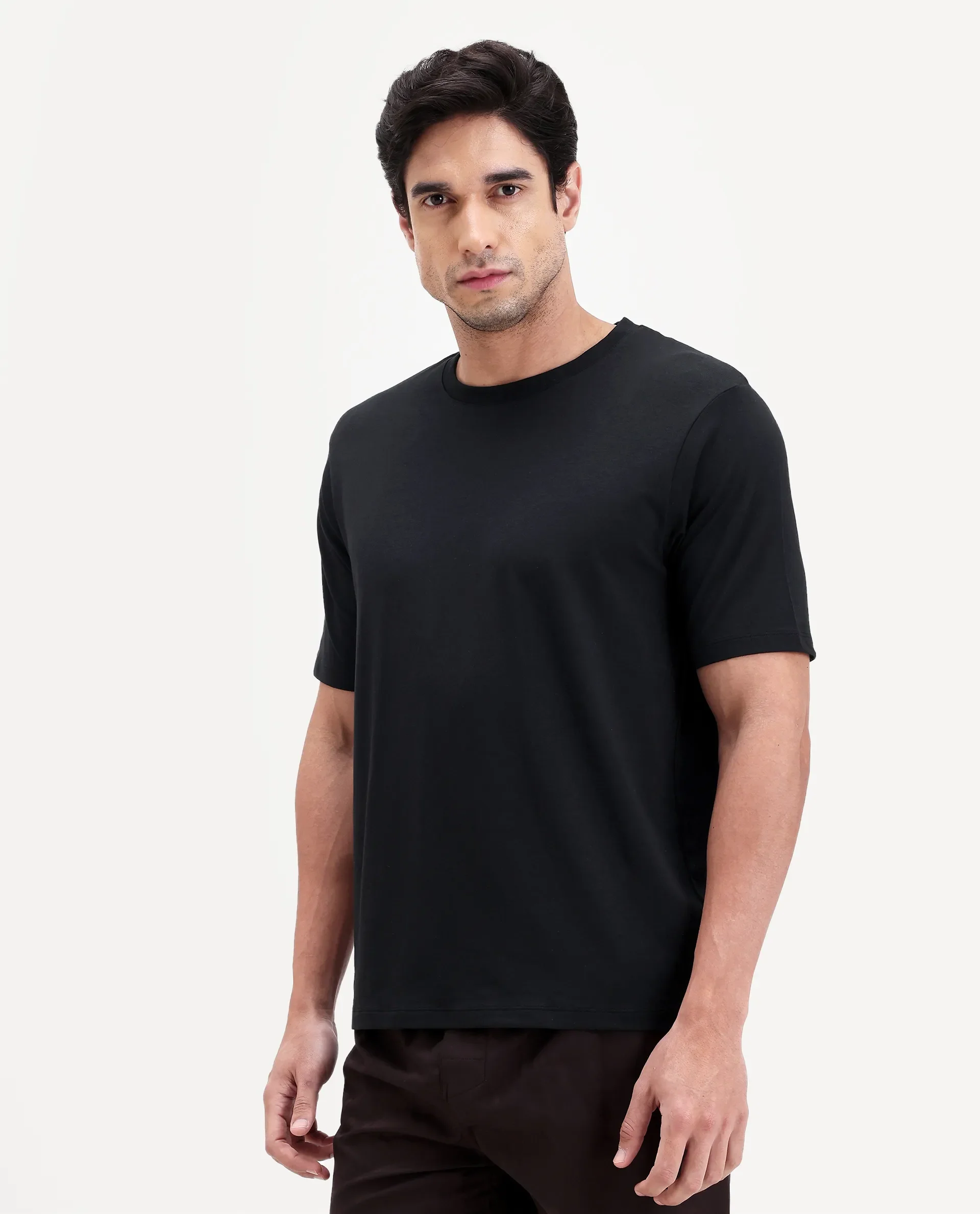 Rare Rabbit Men's Vaux Black Cotton Modal Spandex Half Sleeve Regular Fit Plain T-Shirt - Image 2