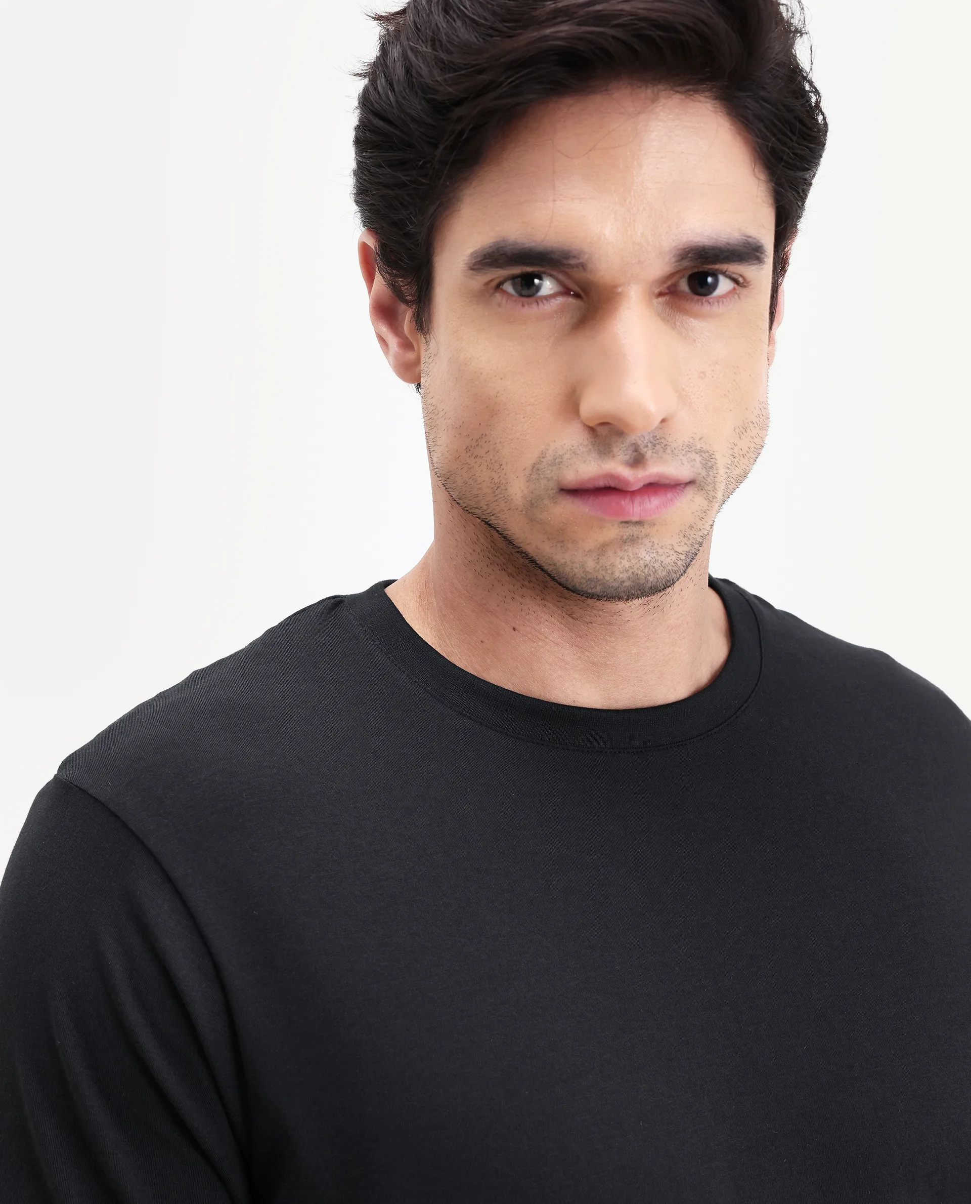 Rare Rabbit Men's Vaux Black Cotton Modal Spandex Half Sleeve Regular Fit Plain T-Shirt - Image 4
