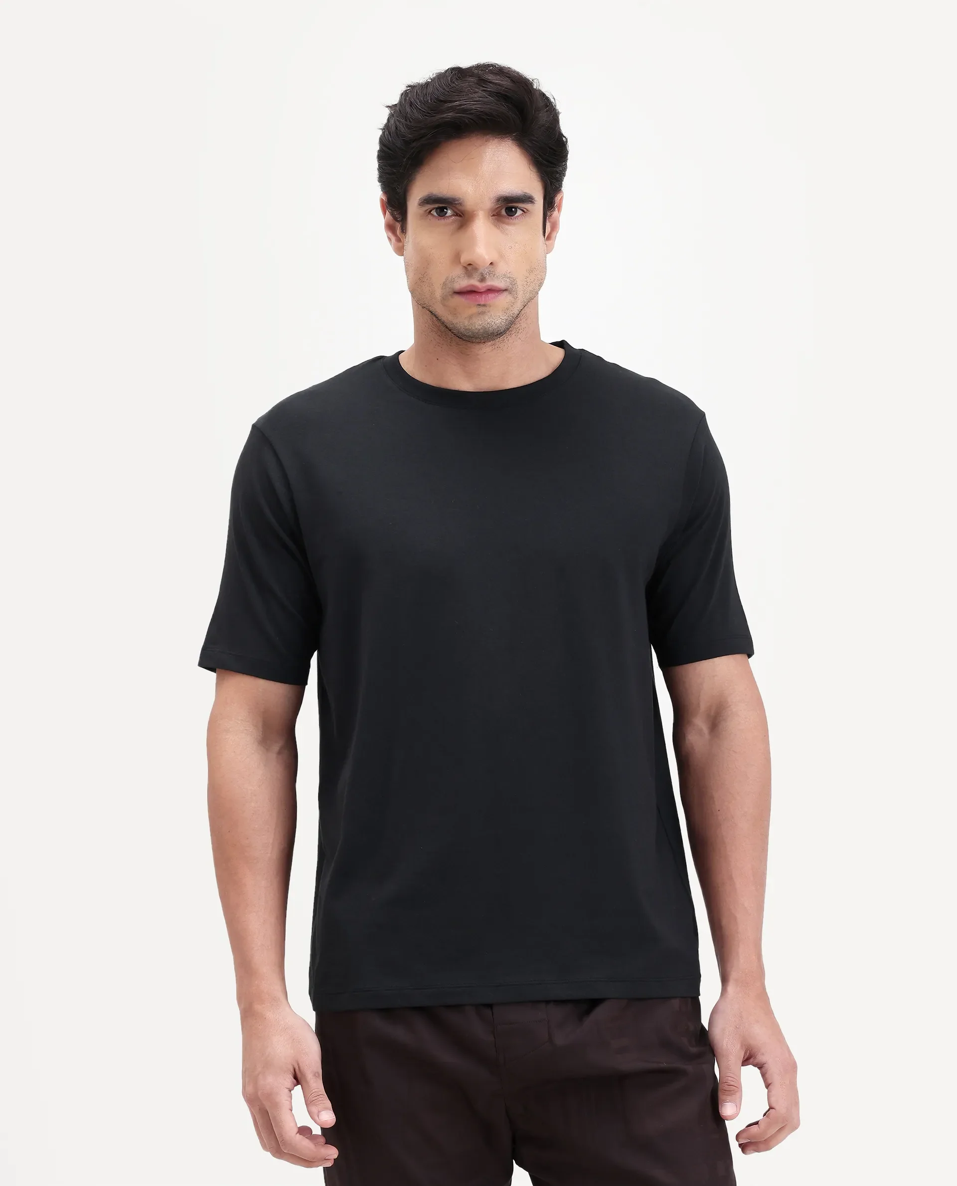 Rare Rabbit Men's Vaux Black Cotton Modal Spandex Half Sleeve Regular Fit Plain T-Shirt - Image 5