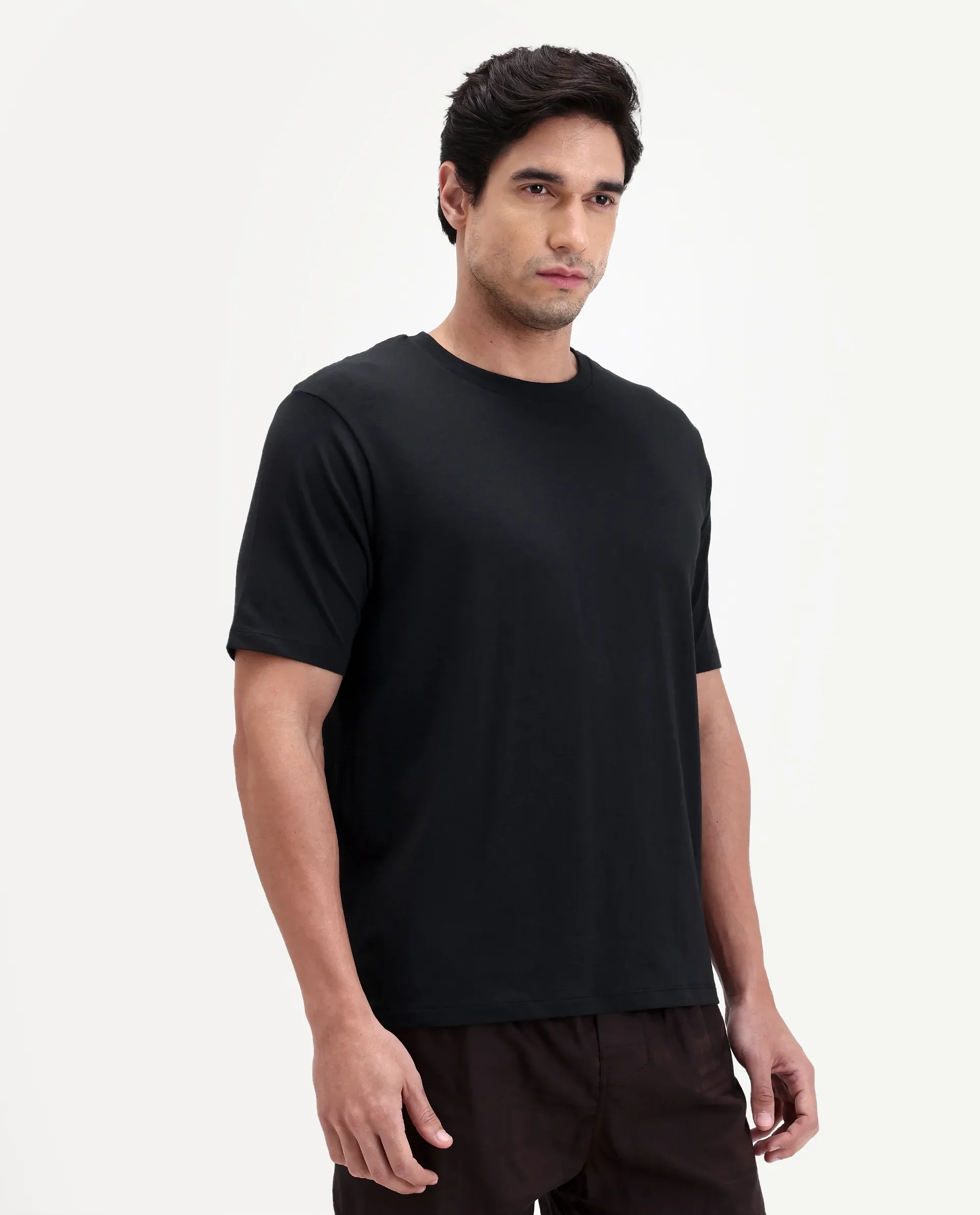 Rare Rabbit Men's Vaux Black Cotton Modal Spandex Half Sleeve Regular Fit Plain T-Shirt - Image 6