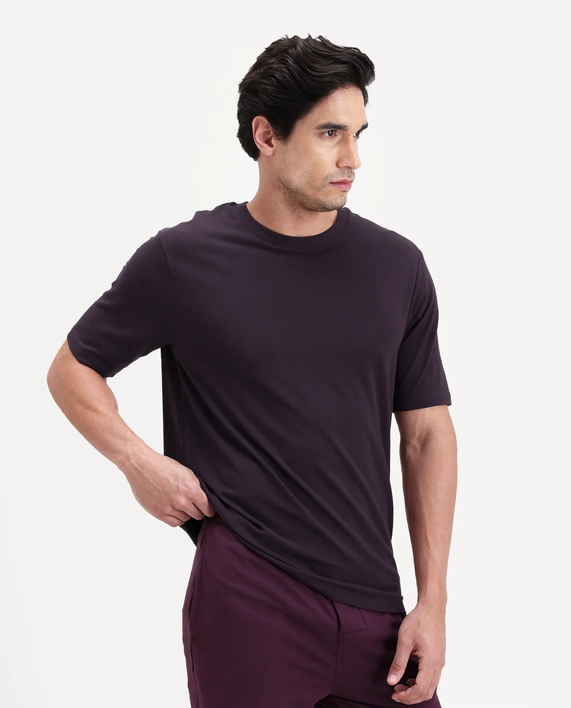Rare Rabbit Men's Vaux Maroon Cotton Modal Spandex Half Sleeve Regular Fit Plain T-Shirt - Image 2
