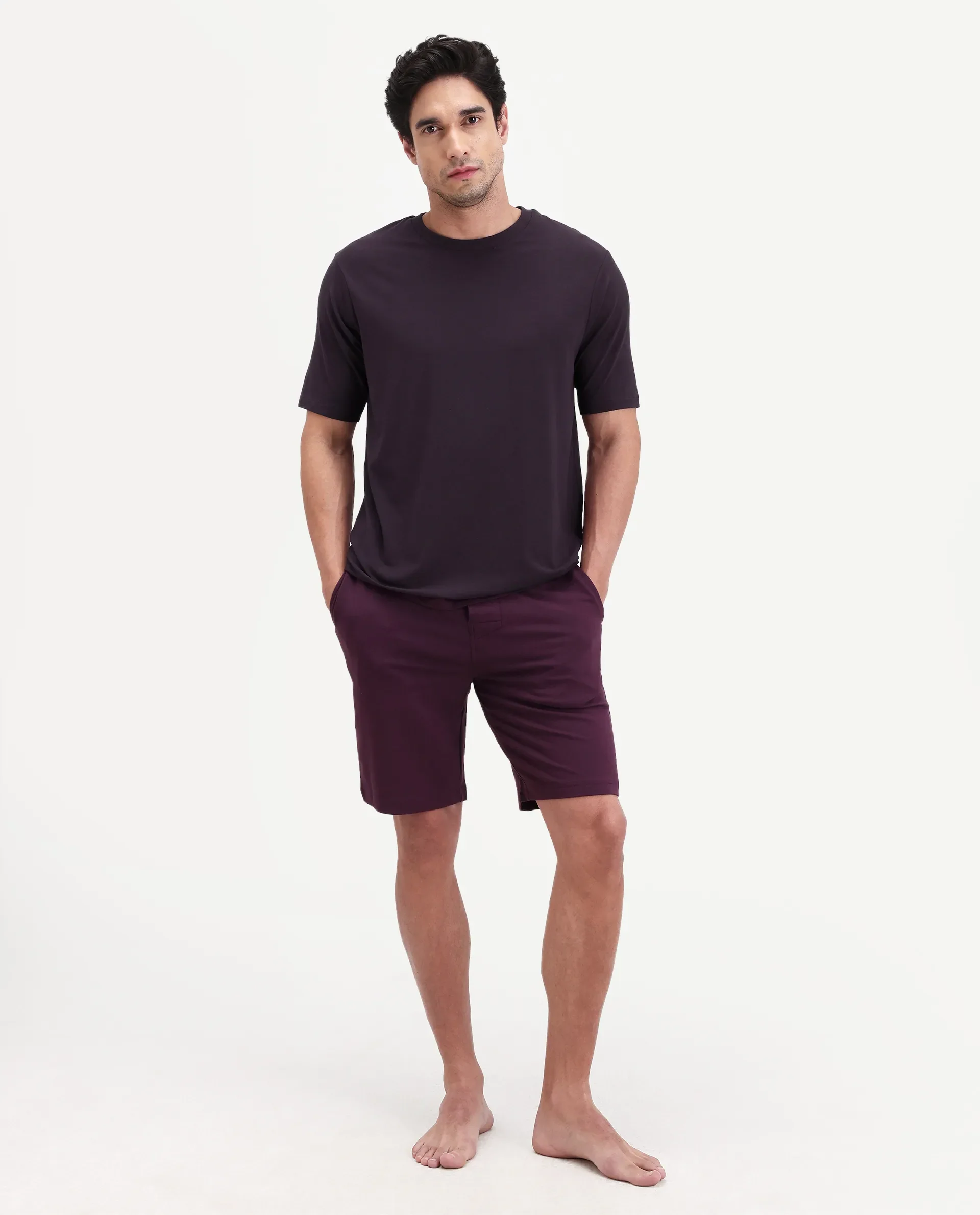 Rare Rabbit Men's Vaux Maroon Cotton Modal Spandex Half Sleeve Regular Fit Plain T-Shirt - Image 3