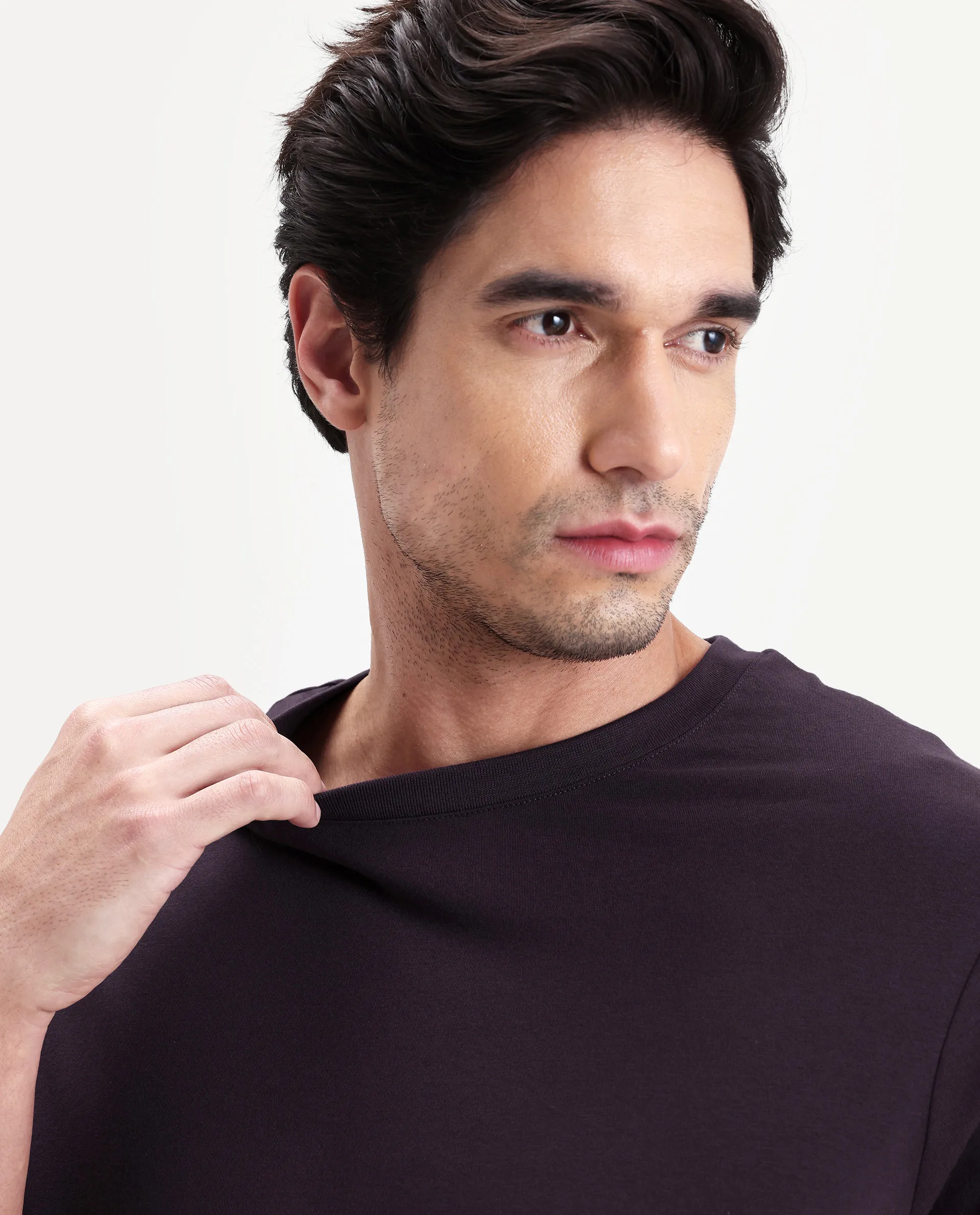 Rare Rabbit Men's Vaux Maroon Cotton Modal Spandex Half Sleeve Regular Fit Plain T-Shirt - Image 4