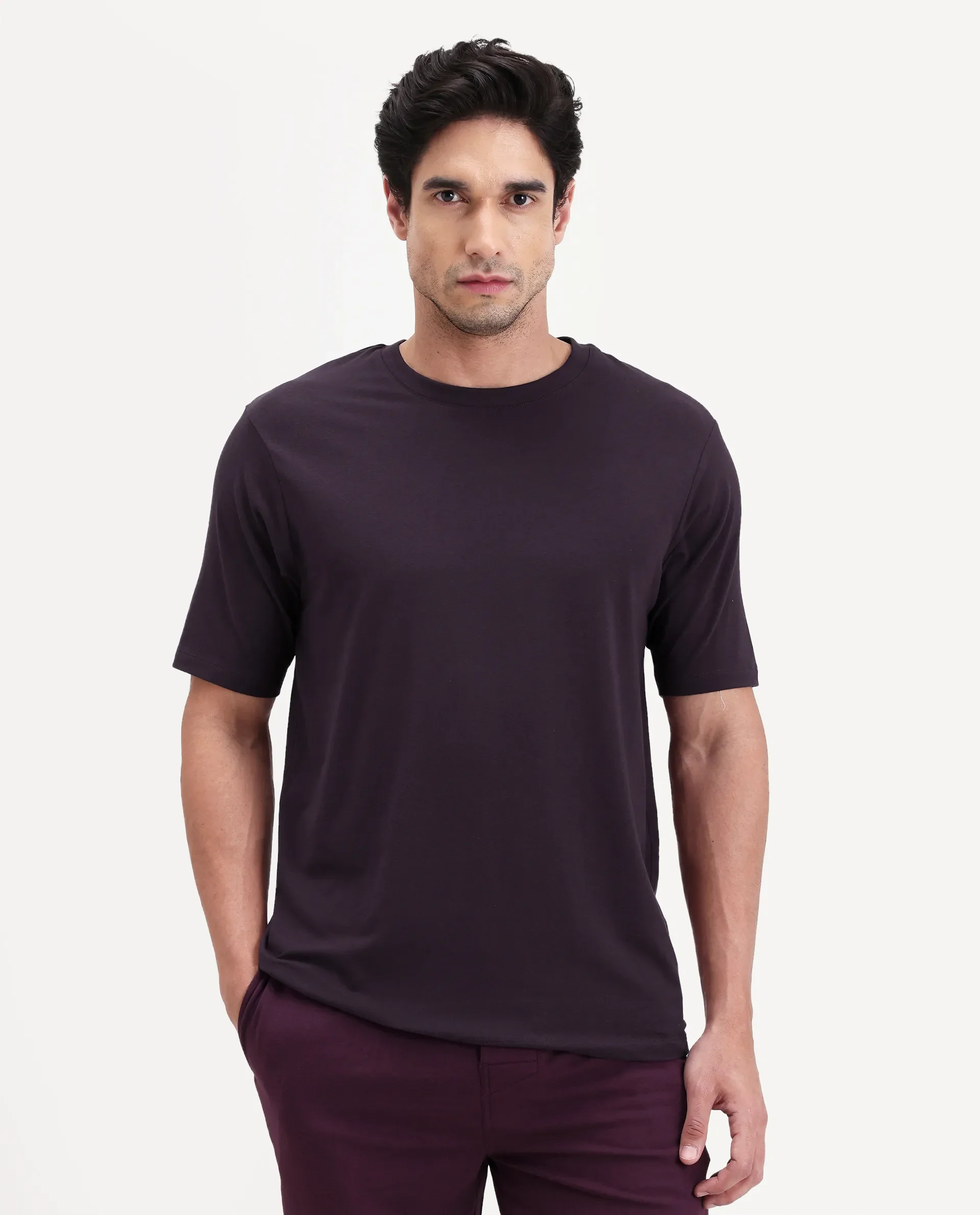Rare Rabbit Men's Vaux Maroon Cotton Modal Spandex Half Sleeve Regular Fit Plain T-Shirt - Image 5