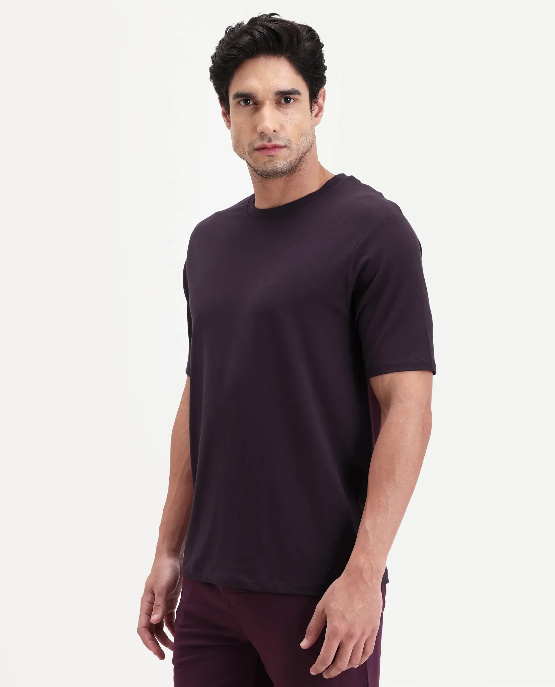 Rare Rabbit Men's Vaux Maroon Cotton Modal Spandex Half Sleeve Regular Fit Plain T-Shirt - Image 6