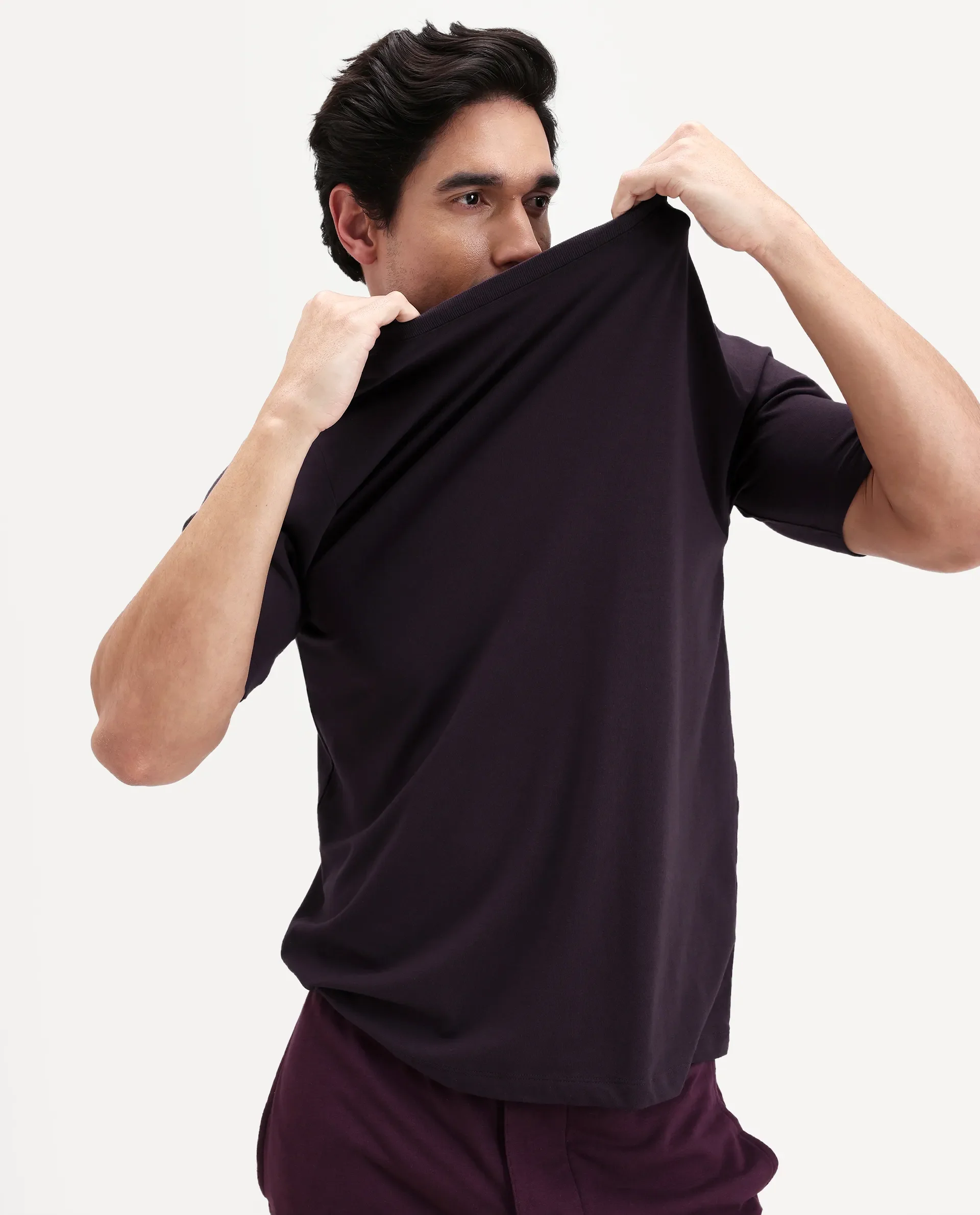 Rare Rabbit Men's Vaux Maroon Cotton Modal Spandex Half Sleeve Regular Fit Plain T-Shirt - Image 7