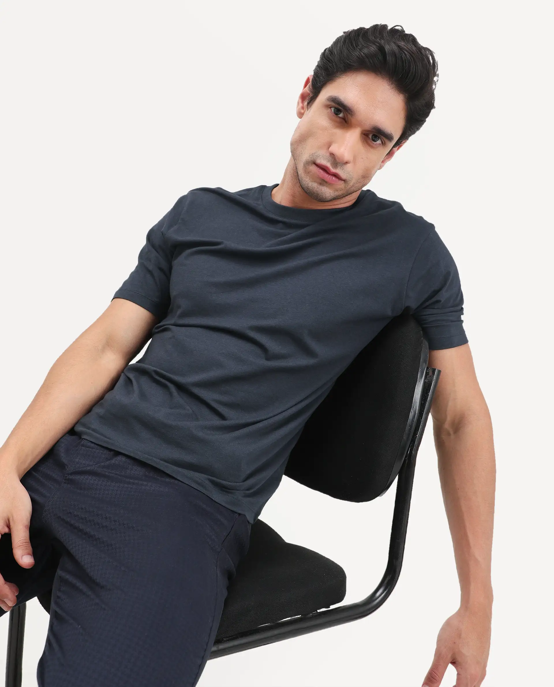 Rare Rabbit Men's Vaux Navy Cotton Modal Spandex Half Sleeve Regular Fit Plain T-Shirt - Image 10