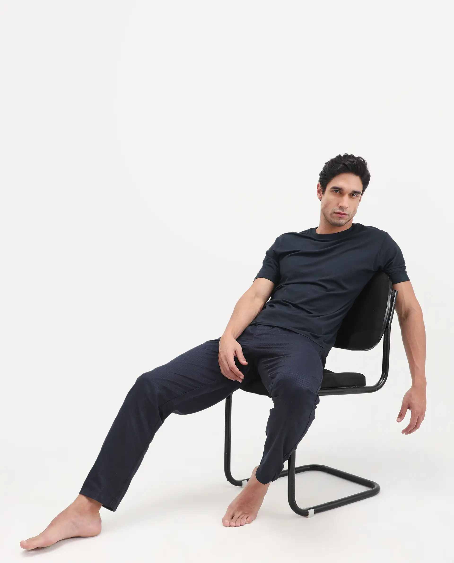 Rare Rabbit Men's Vaux Navy Cotton Modal Spandex Half Sleeve Regular Fit Plain T-Shirt - Image 11