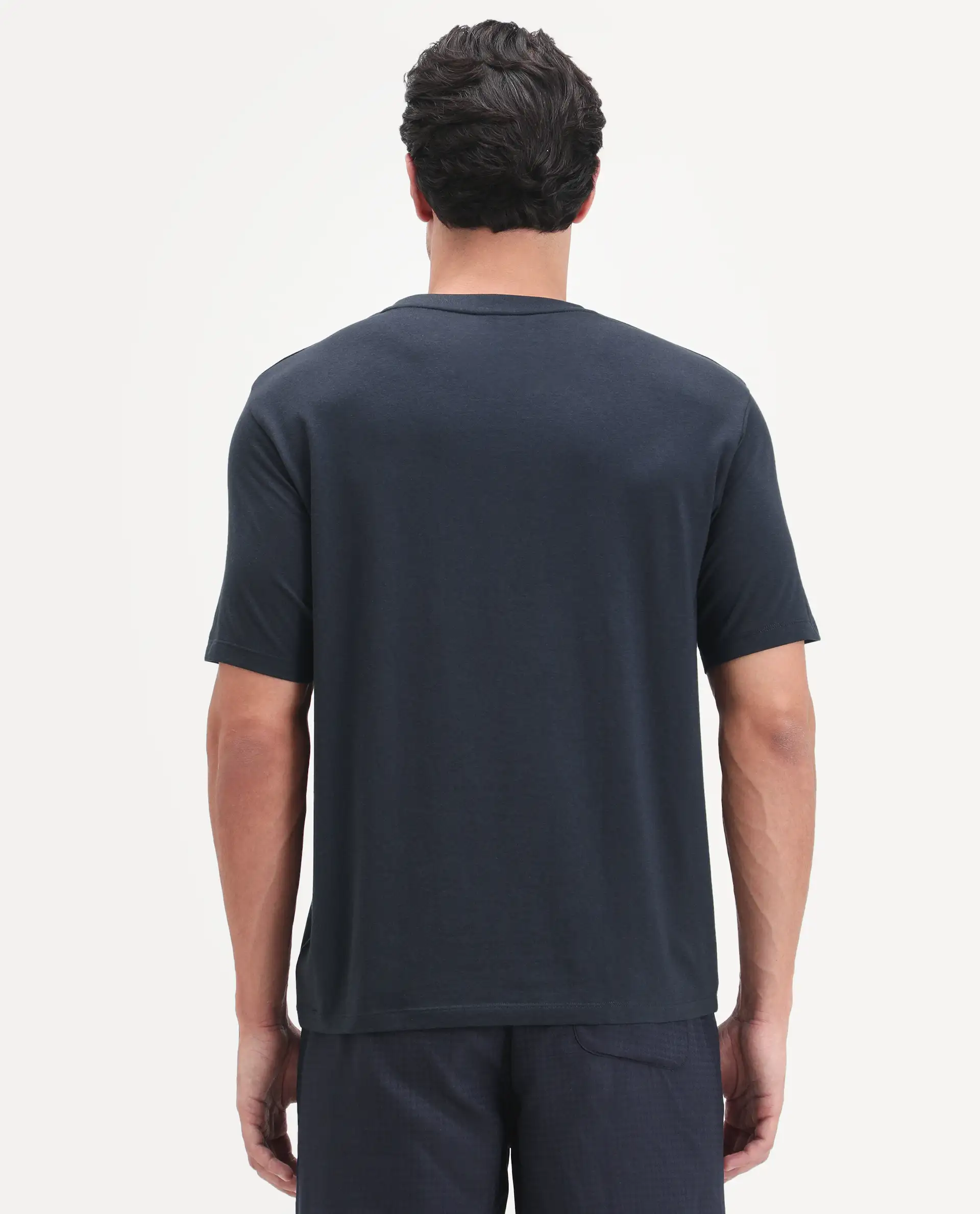Rare Rabbit Men's Vaux Navy Cotton Modal Spandex Half Sleeve Regular Fit Plain T-Shirt - Image 12