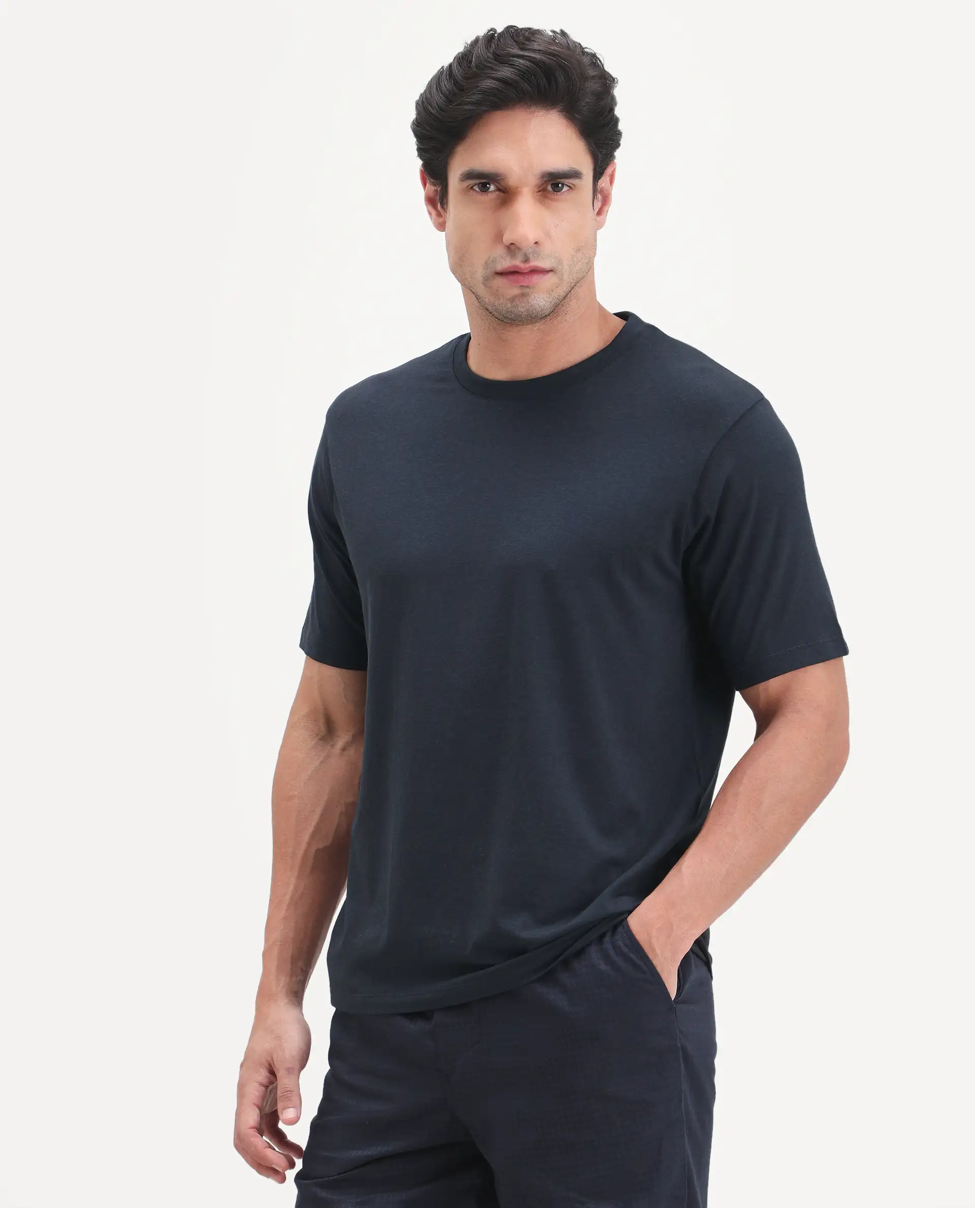 Rare Rabbit Men's Vaux Navy Cotton Modal Spandex Half Sleeve Regular Fit Plain T-Shirt - Image 2