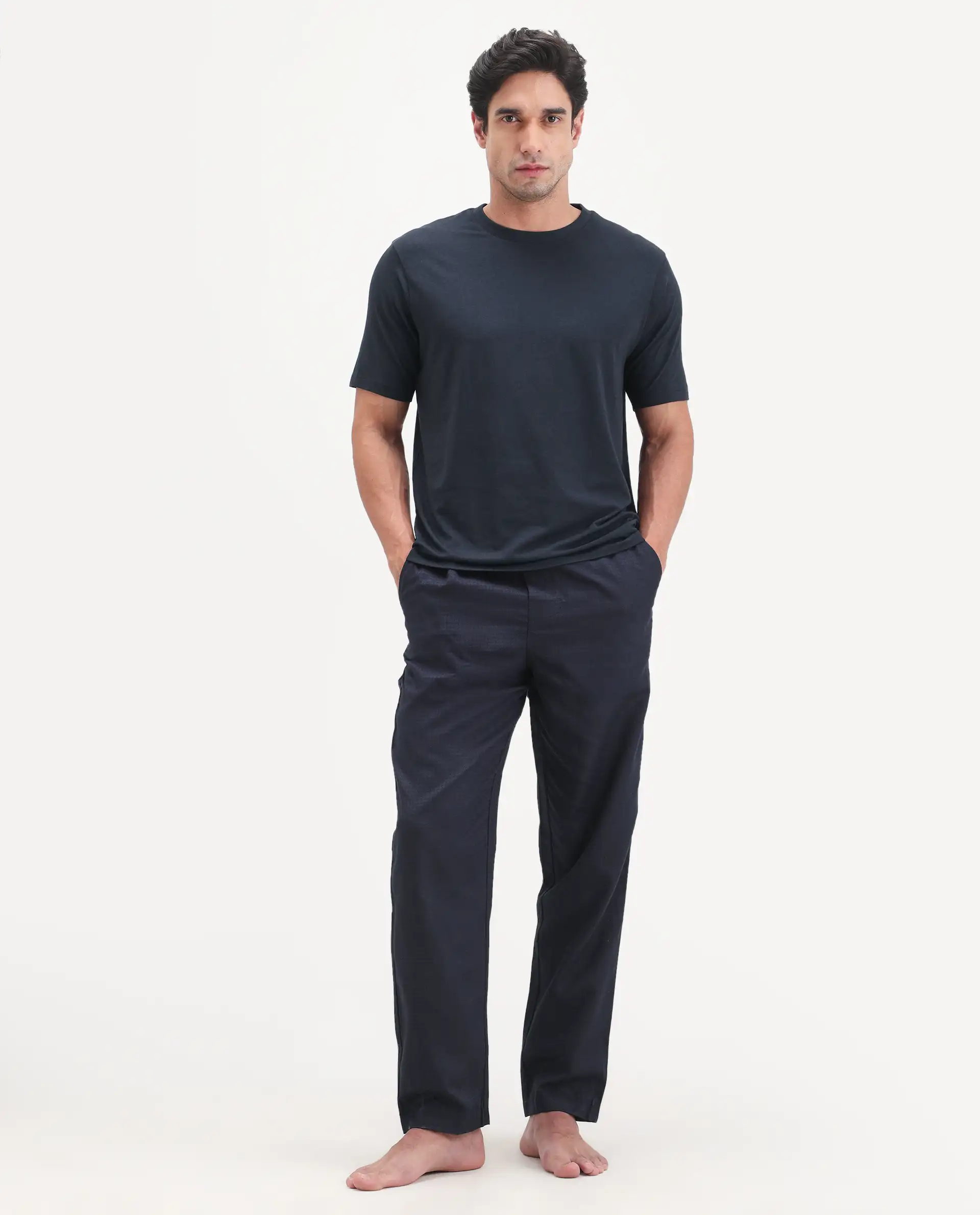 Rare Rabbit Men's Vaux Navy Cotton Modal Spandex Half Sleeve Regular Fit Plain T-Shirt - Image 3