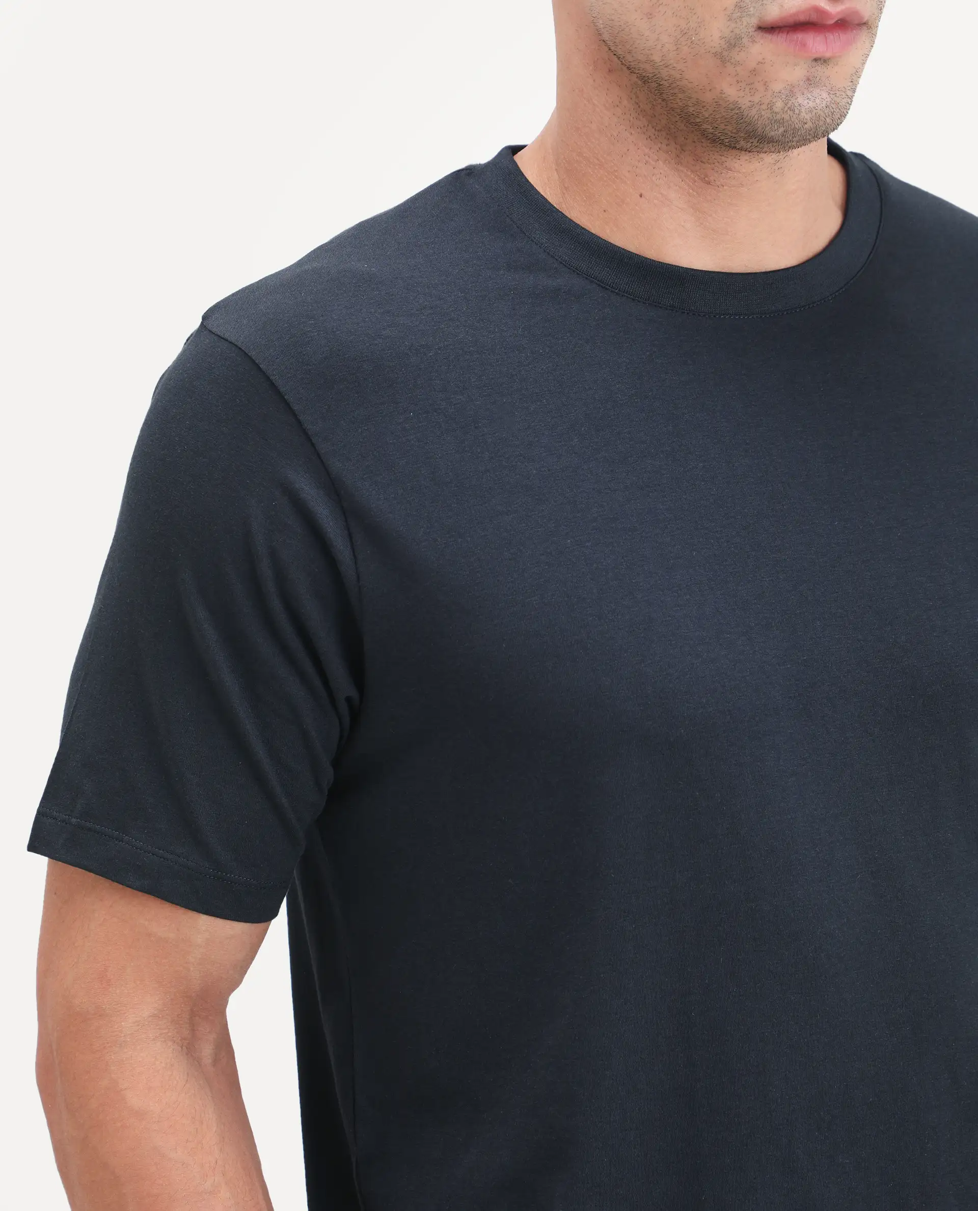 Rare Rabbit Men's Vaux Navy Cotton Modal Spandex Half Sleeve Regular Fit Plain T-Shirt - Image 4