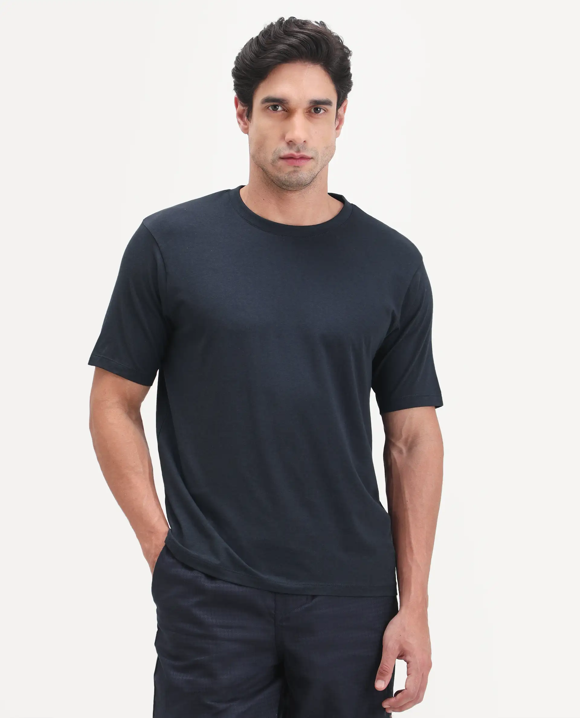 Rare Rabbit Men's Vaux Navy Cotton Modal Spandex Half Sleeve Regular Fit Plain T-Shirt - Image 5