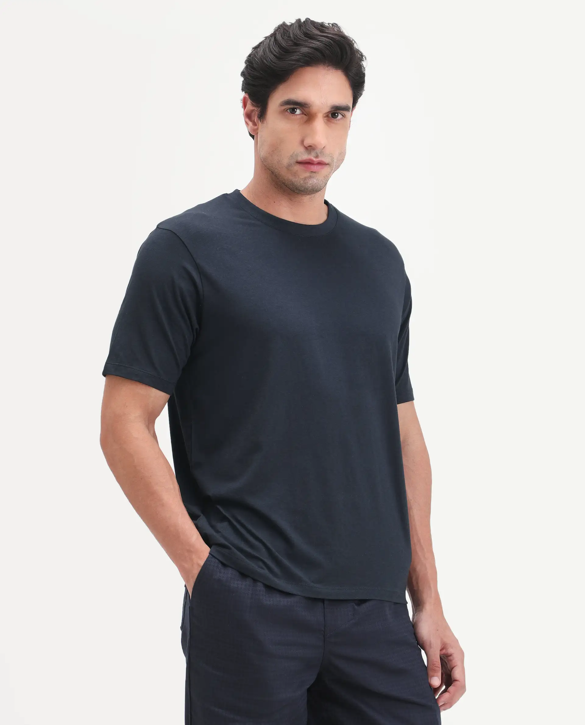 Rare Rabbit Men's Vaux Navy Cotton Modal Spandex Half Sleeve Regular Fit Plain T-Shirt - Image 6