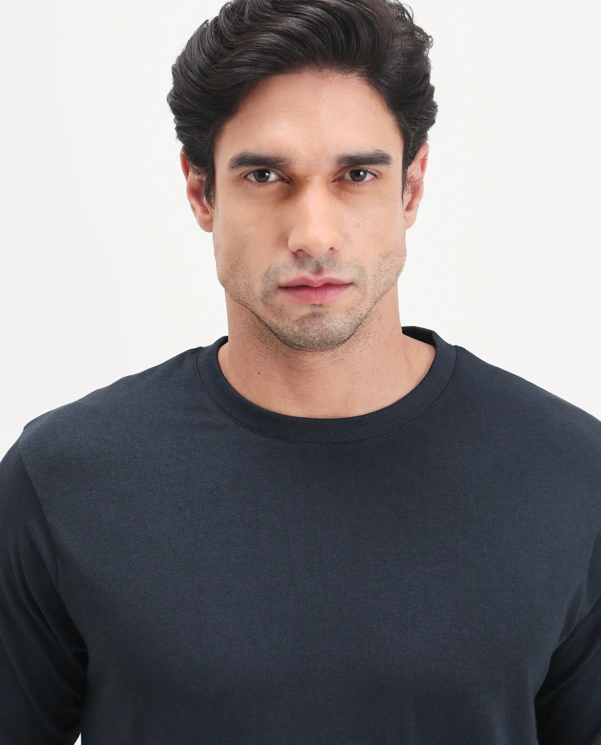 Rare Rabbit Men's Vaux Navy Cotton Modal Spandex Half Sleeve Regular Fit Plain T-Shirt - Image 7