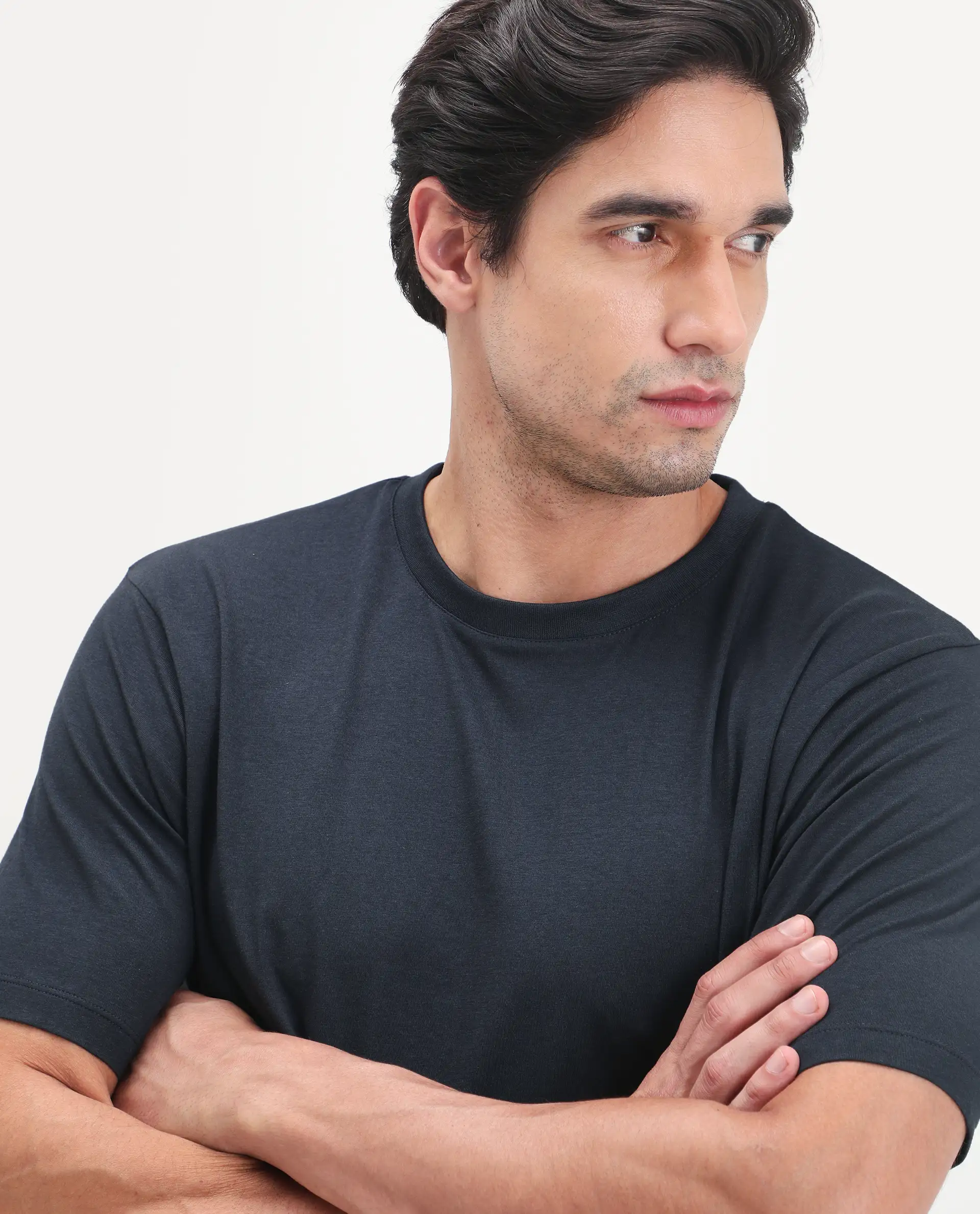 Rare Rabbit Men's Vaux Navy Cotton Modal Spandex Half Sleeve Regular Fit Plain T-Shirt - Image 8