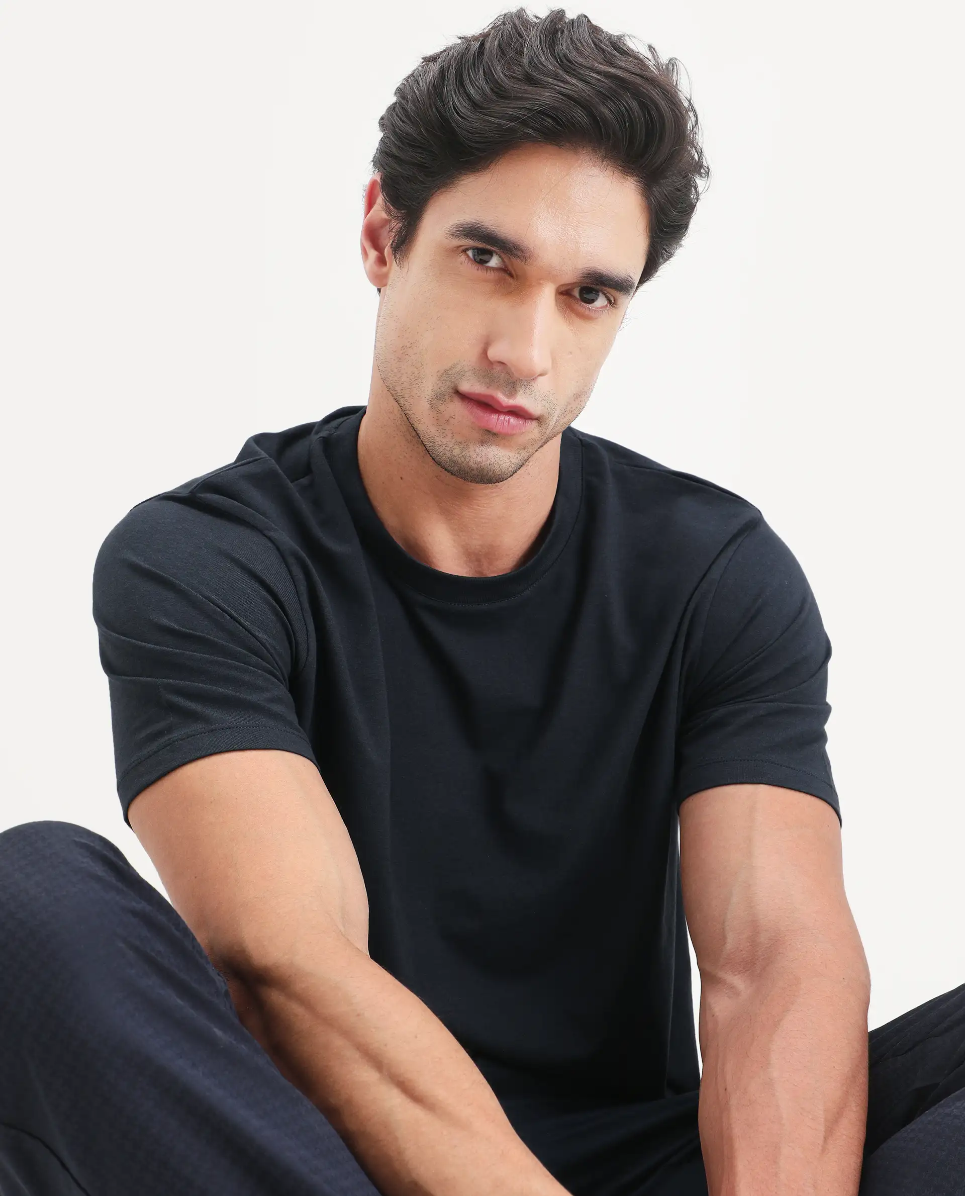 Rare Rabbit Men's Vaux Navy Cotton Modal Spandex Half Sleeve Regular Fit Plain T-Shirt - Image 9