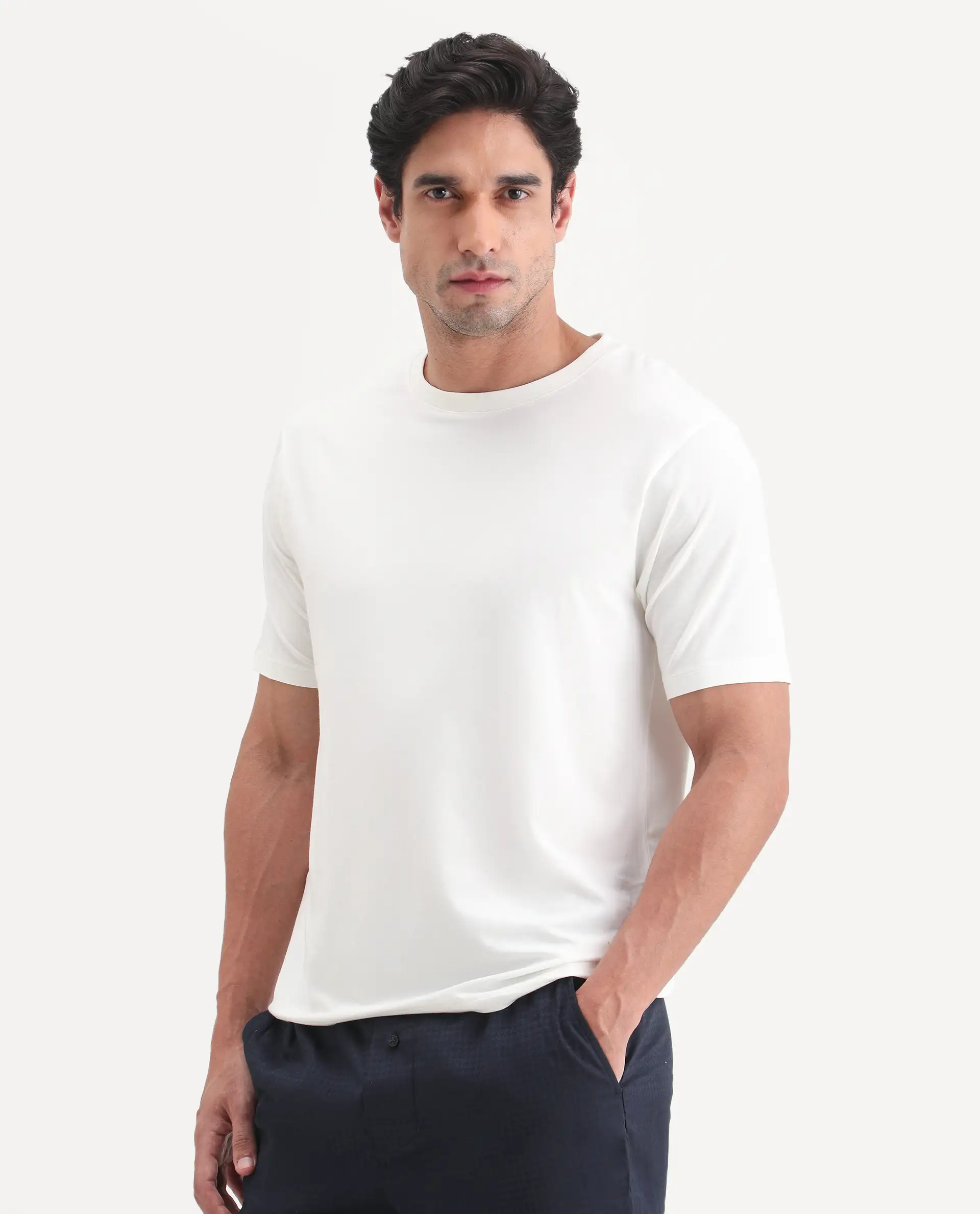 Rare Rabbit Men's Vaux Off White Cotton Modal Spandex Fabric Half Sleeve Regular Fit Plain T-Shirt - Image 2