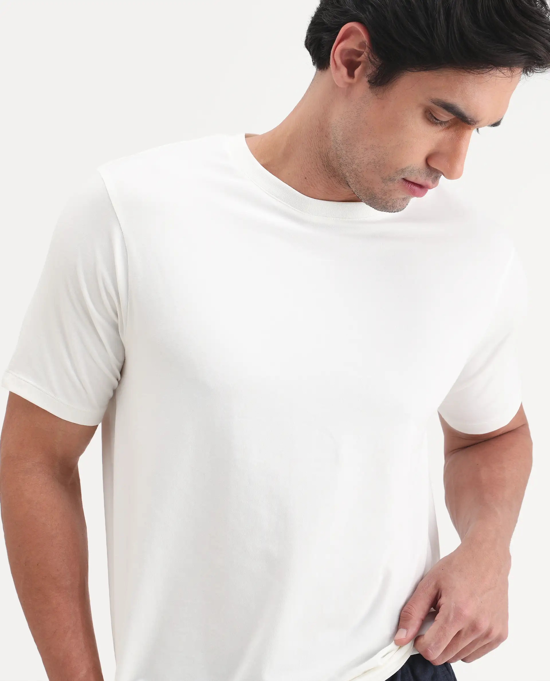 Rare Rabbit Men's Vaux Off White Cotton Modal Spandex Fabric Half Sleeve Regular Fit Plain T-Shirt - Image 4