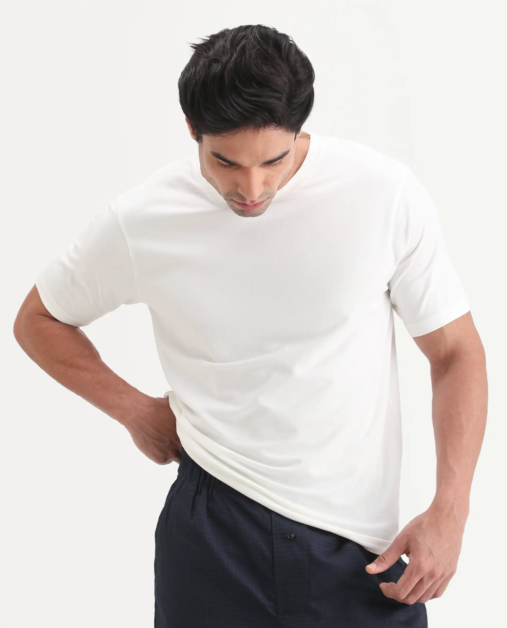 Rare Rabbit Men's Vaux Off White Cotton Modal Spandex Fabric Half Sleeve Regular Fit Plain T-Shirt - Image 5