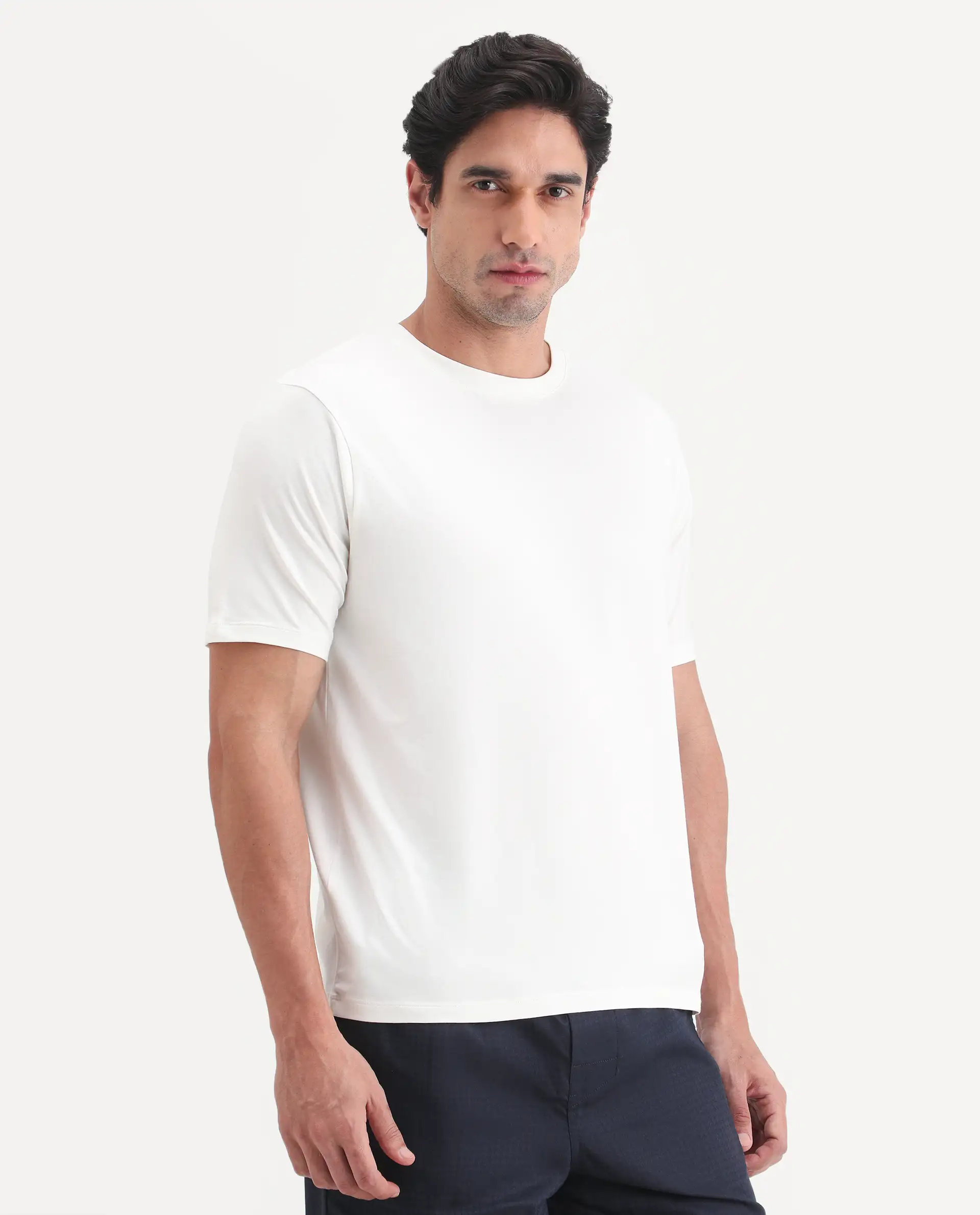 Rare Rabbit Men's Vaux Off White Cotton Modal Spandex Fabric Half Sleeve Regular Fit Plain T-Shirt - Image 6