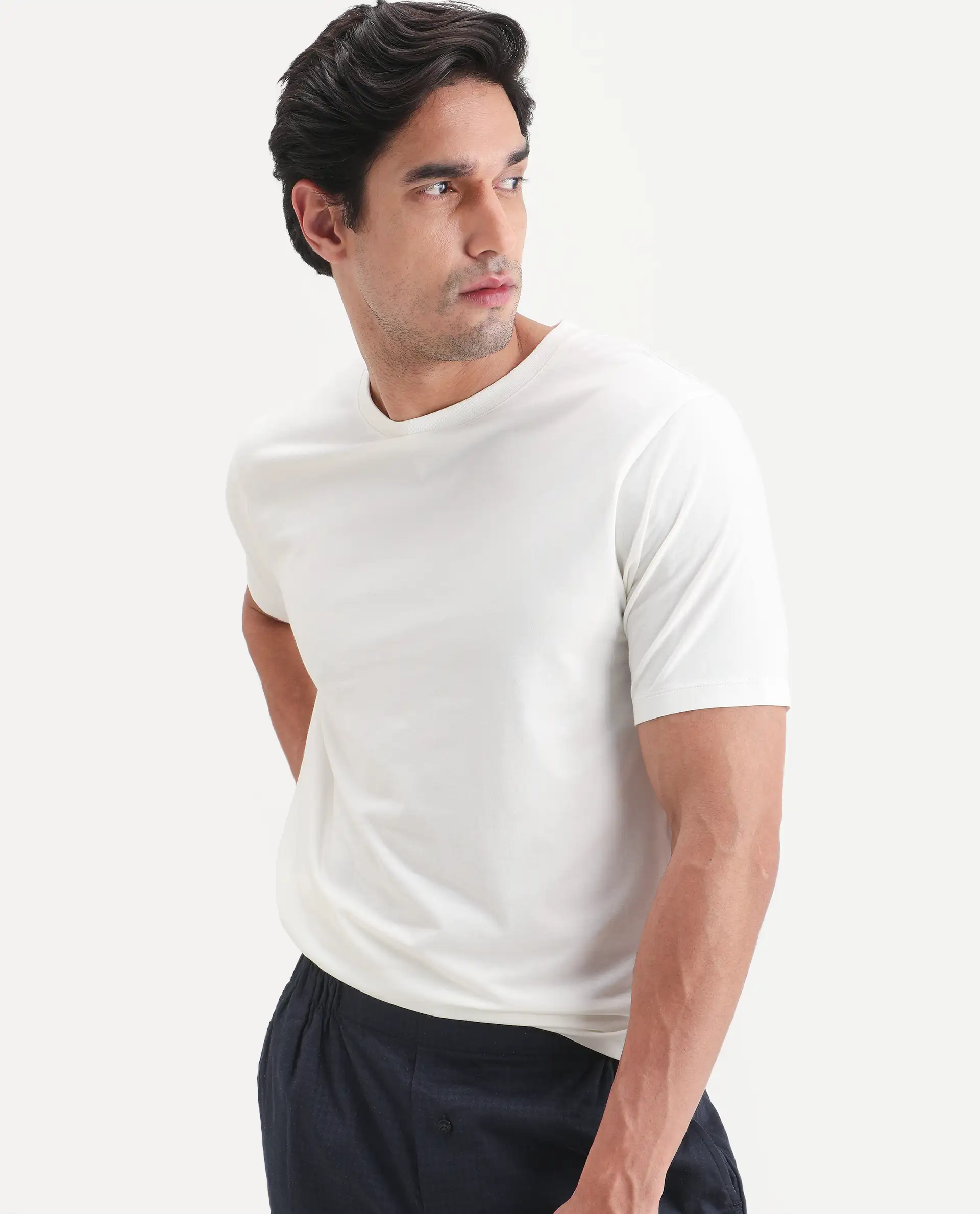 Rare Rabbit Men's Vaux Off White Cotton Modal Spandex Fabric Half Sleeve Regular Fit Plain T-Shirt - Image 7
