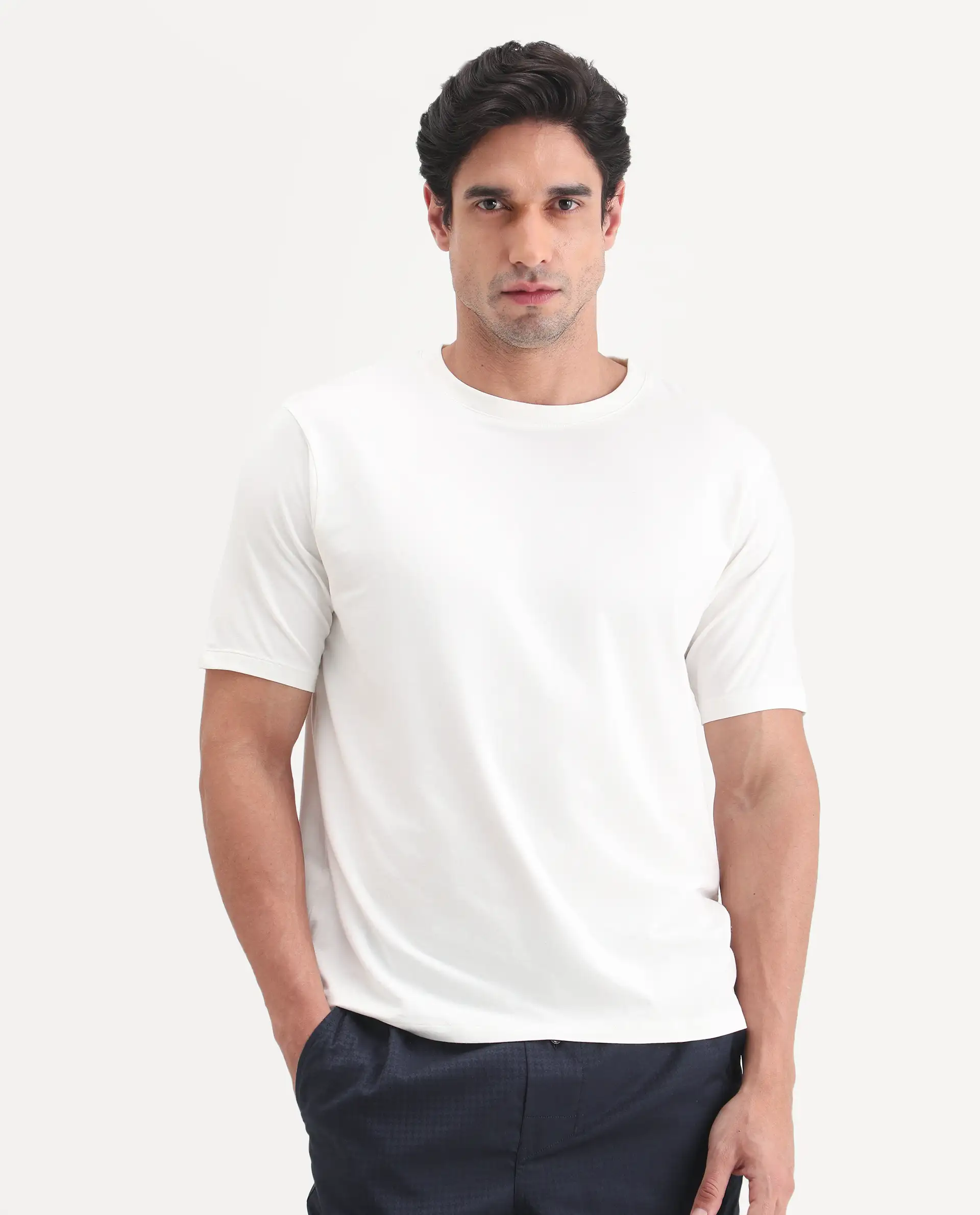 Rare Rabbit Men's Vaux Off White Cotton Modal Spandex Fabric Half Sleeve Regular Fit Plain T-Shirt - Image 8