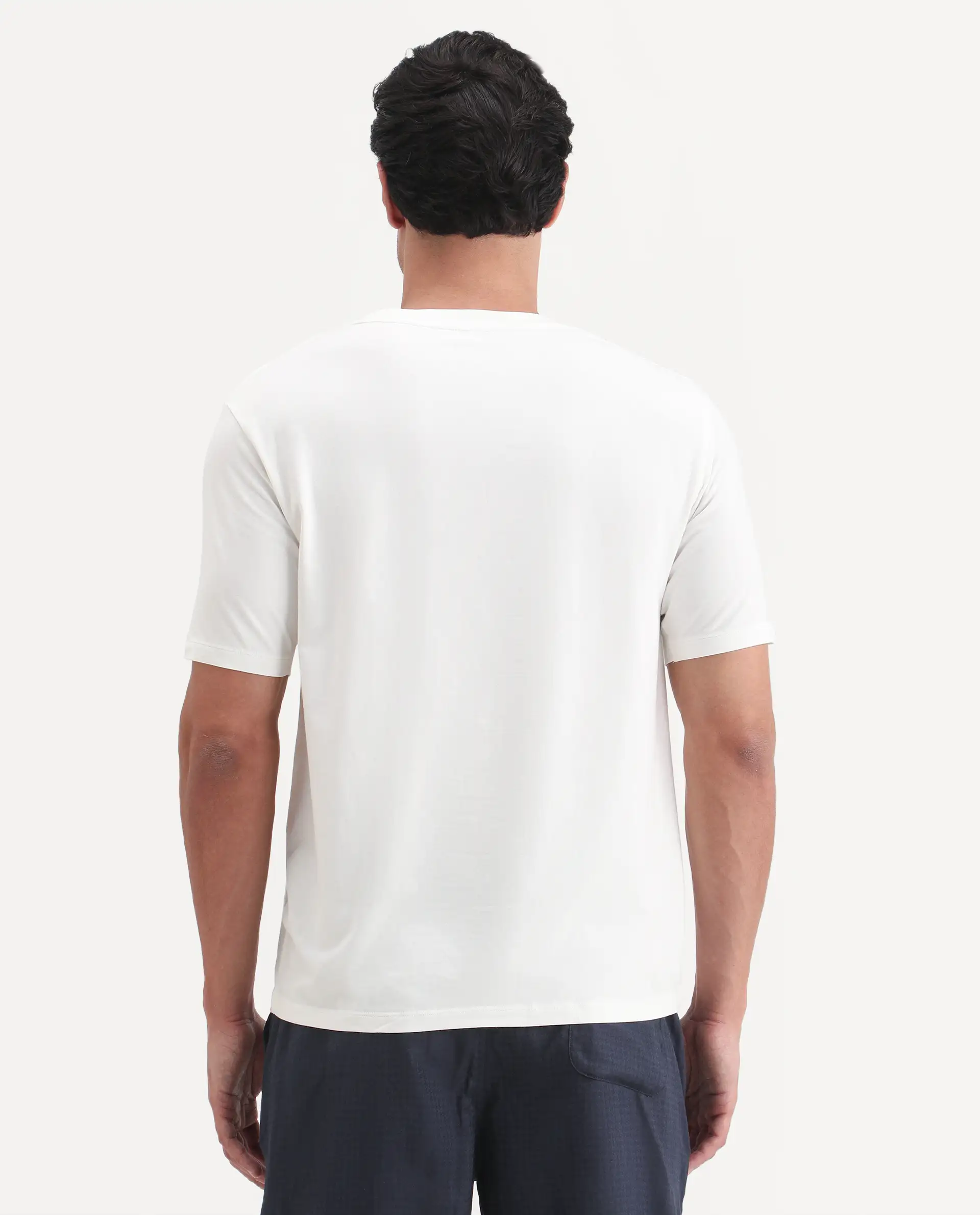 Rare Rabbit Men's Vaux Off White Cotton Modal Spandex Fabric Half Sleeve Regular Fit Plain T-Shirt - Image 9