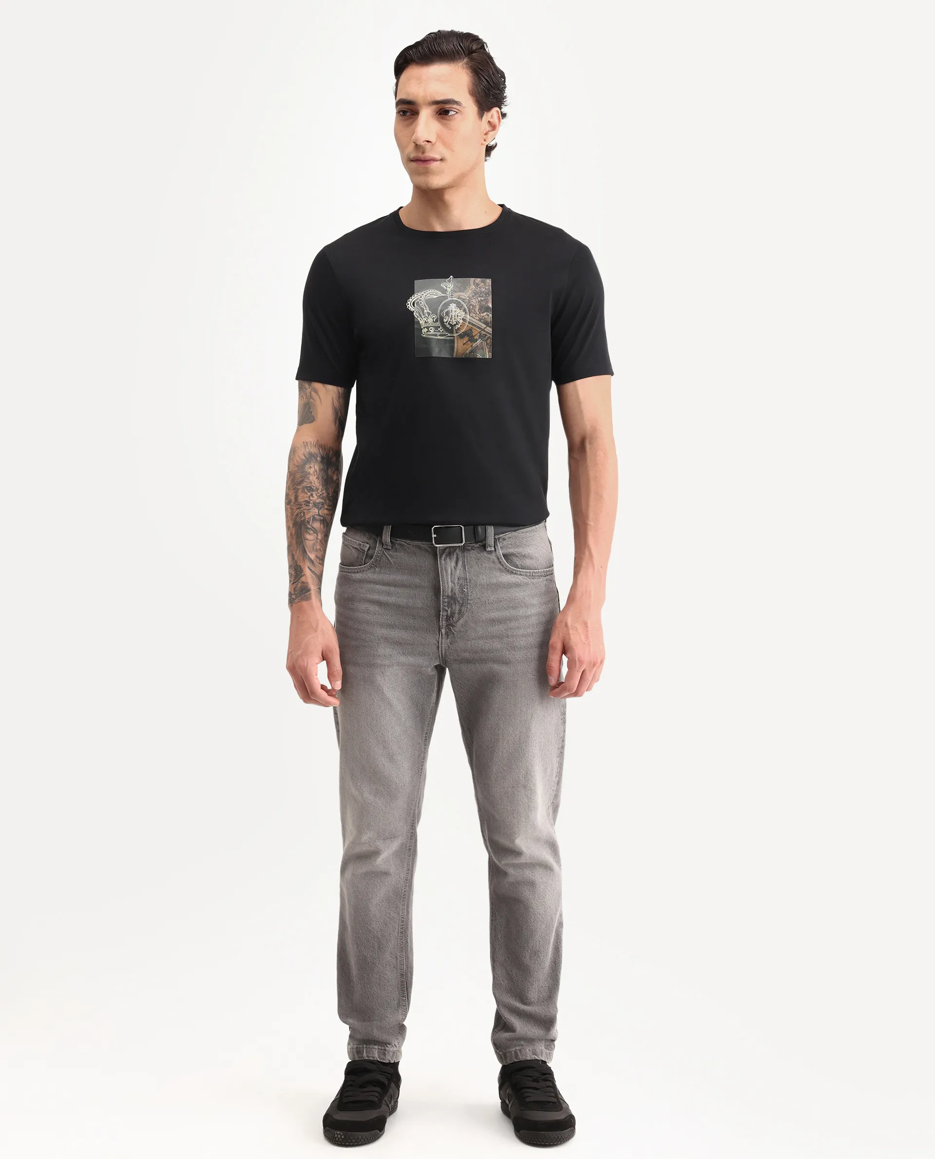 Rare Rabbit Men's Vavo Black Cotton Fabric Half Sleeve Crew Neck Regular Fit Graphic Print T-Shirt - Image 2
