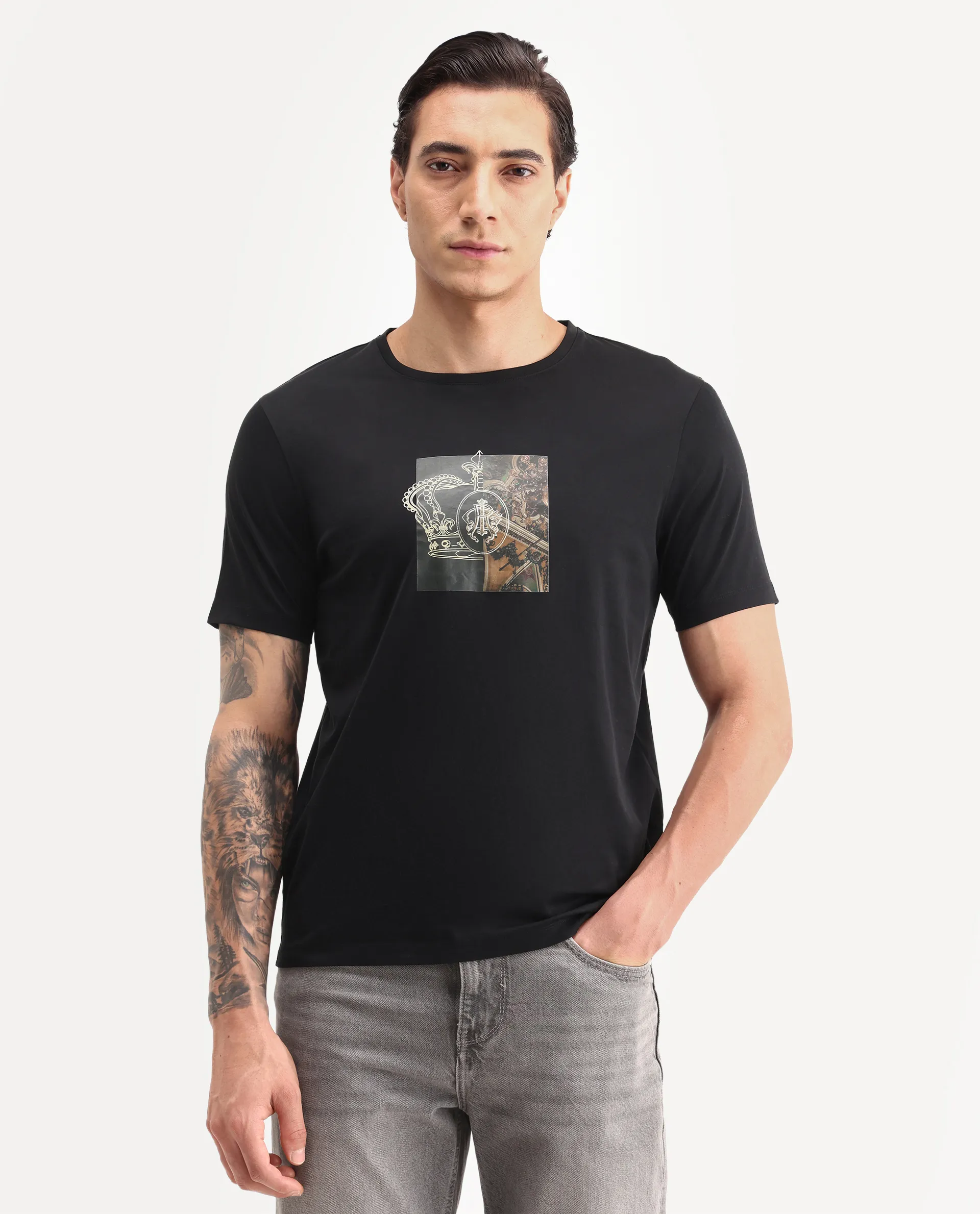 Rare Rabbit Men's Vavo Black Cotton Fabric Half Sleeve Crew Neck Regular Fit Graphic Print T-Shirt - Image 3