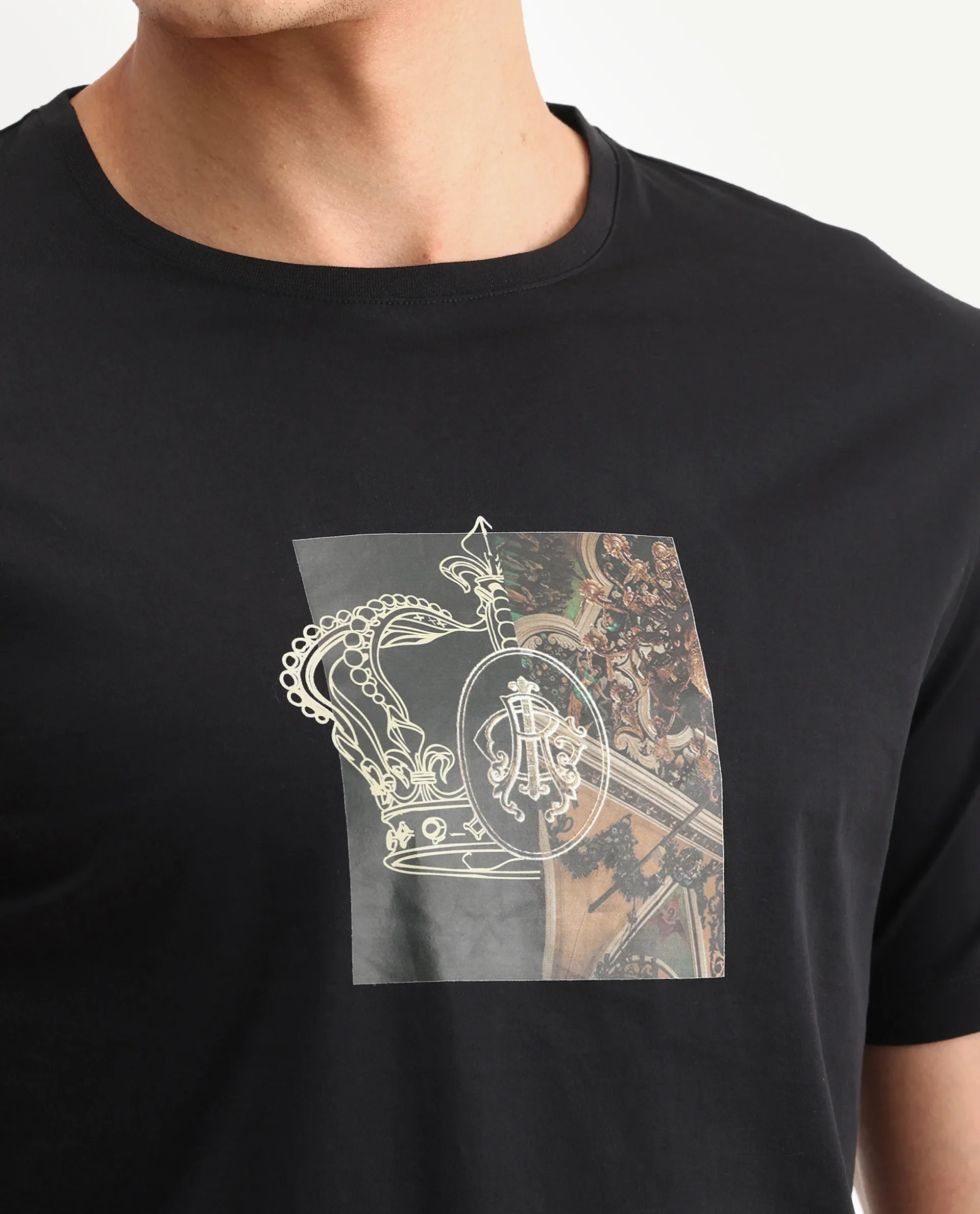 Rare Rabbit Men's Vavo Black Cotton Fabric Half Sleeve Crew Neck Regular Fit Graphic Print T-Shirt - Image 4