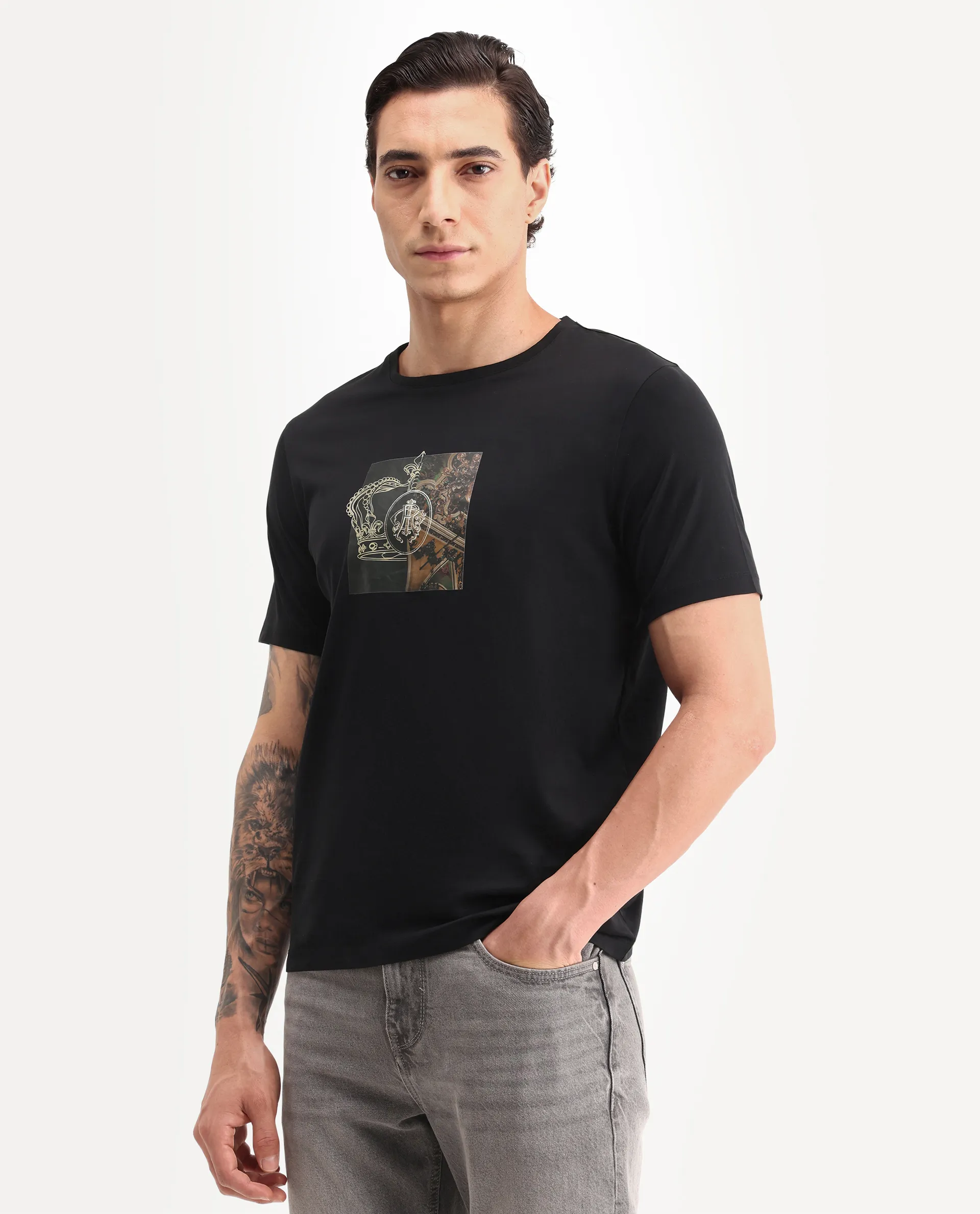 Rare Rabbit Men's Vavo Black Cotton Fabric Half Sleeve Crew Neck Regular Fit Graphic Print T-Shirt - Image 5