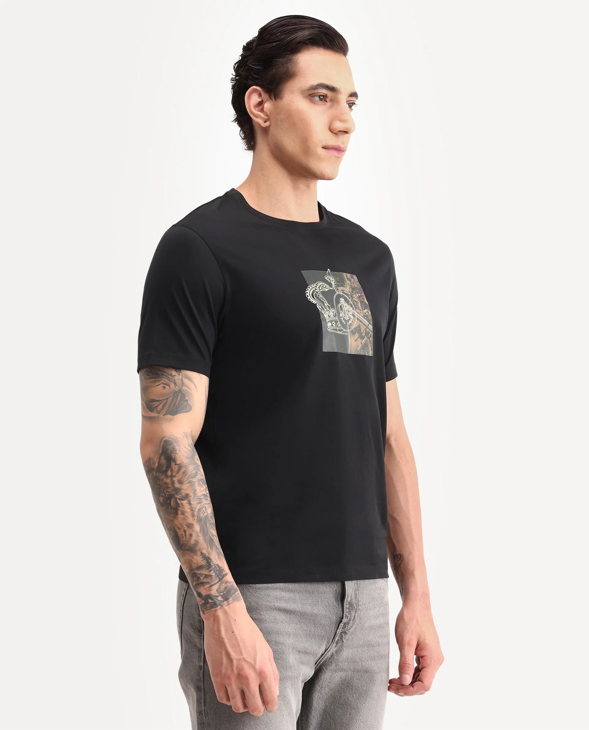 Rare Rabbit Men's Vavo Black Cotton Fabric Half Sleeve Crew Neck Regular Fit Graphic Print T-Shirt - Image 6