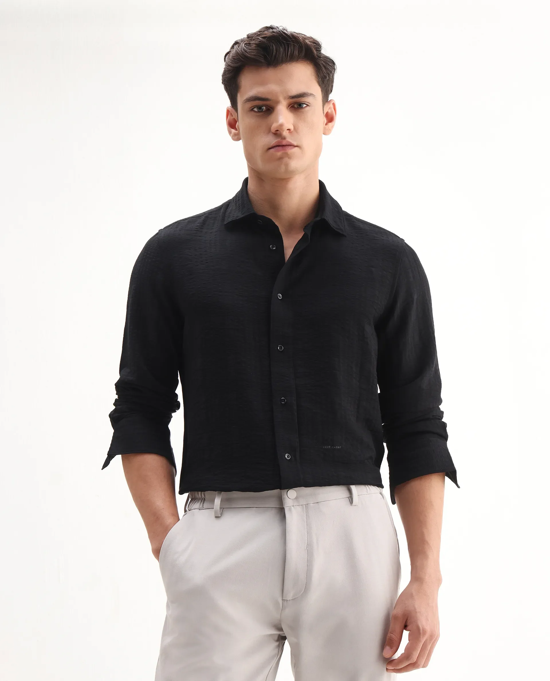 Rare Rabbit Men's Vaxo Black Viscose Blend Checked Print Regular Fit Full Sleeve Collared Shirt - Image 4