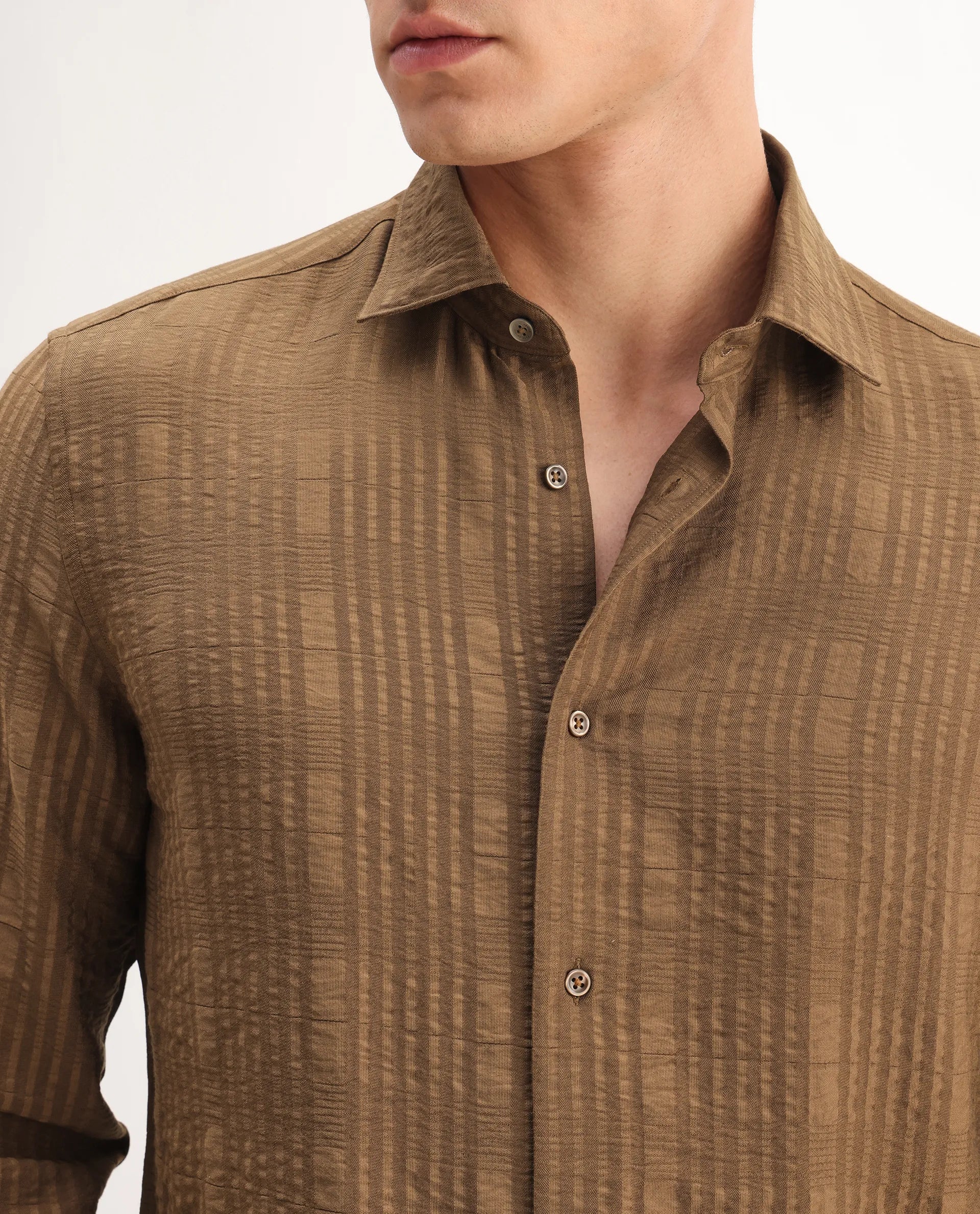 Rare Rabbit Men's Vaxo Dusky Mustard Viscose Blend Checked Print Regular Fit Full Sleeve Collared Shirt - Image 3