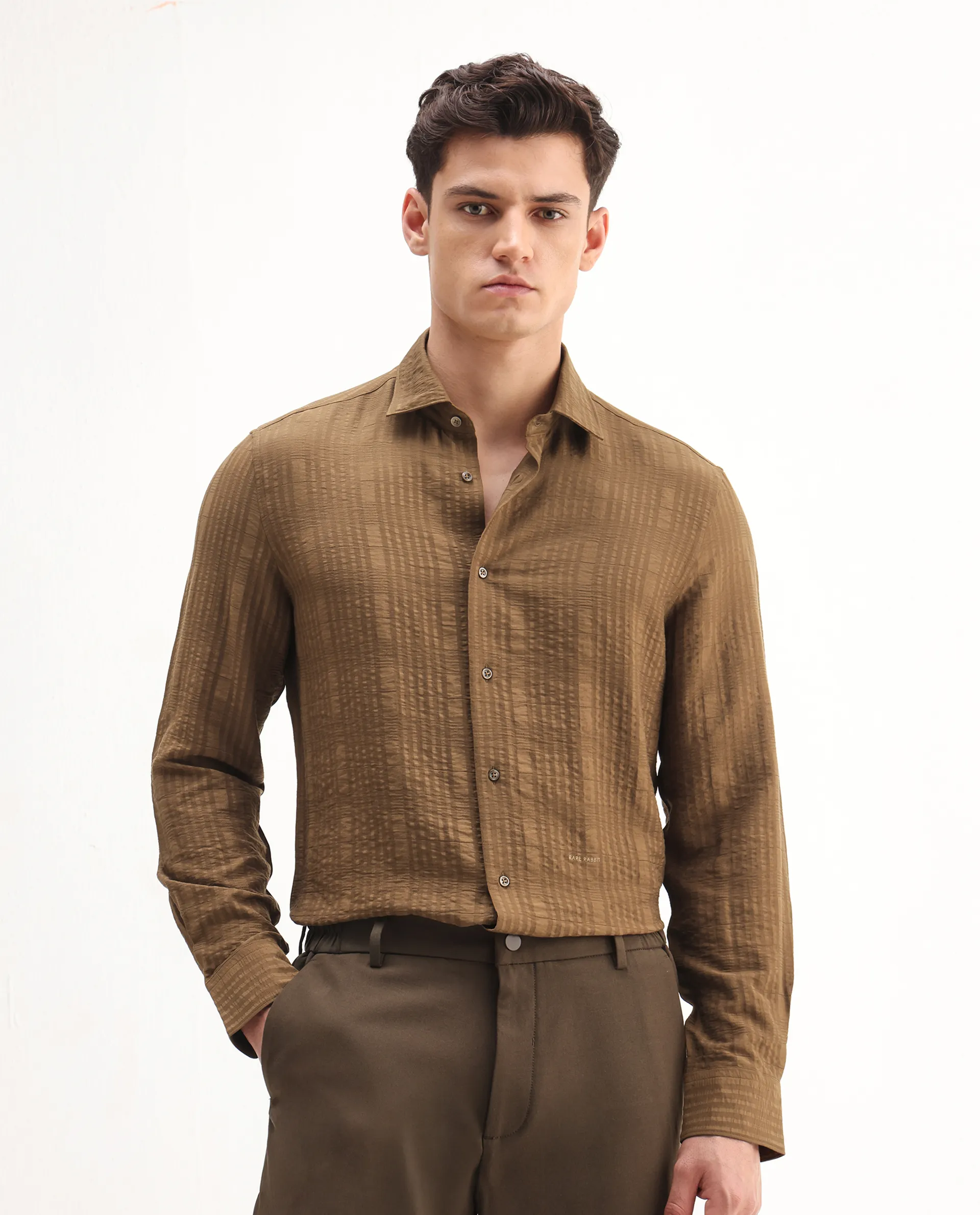 Rare Rabbit Men's Vaxo Dusky Mustard Viscose Blend Checked Print Regular Fit Full Sleeve Collared Shirt - Image 4