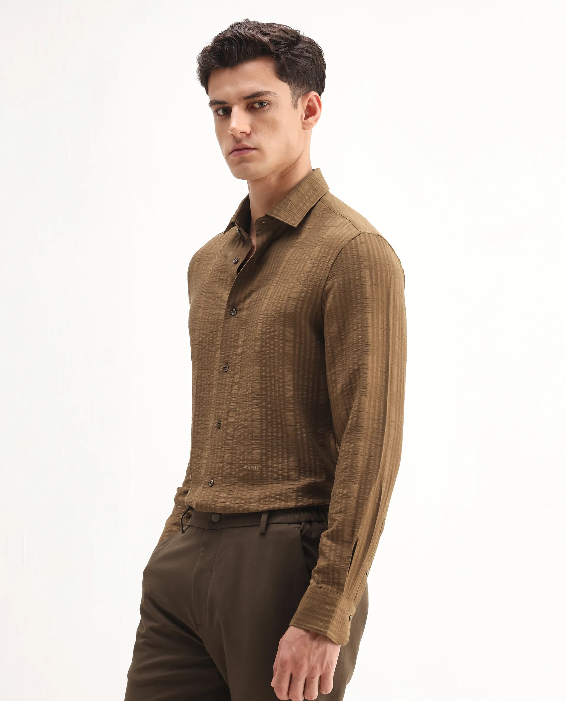 Rare Rabbit Men's Vaxo Dusky Mustard Viscose Blend Checked Print Regular Fit Full Sleeve Collared Shirt - Image 5