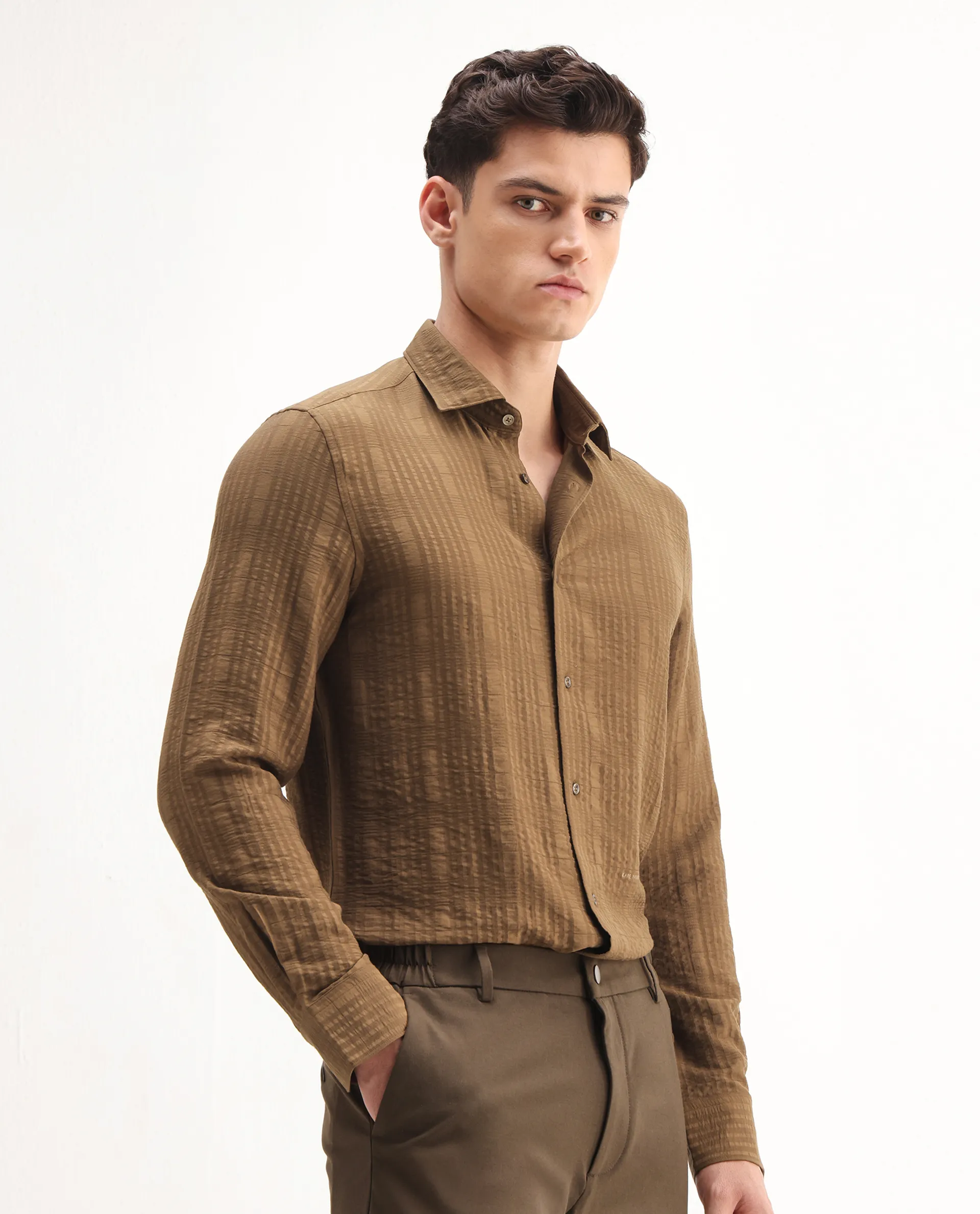 Rare Rabbit Men's Vaxo Dusky Mustard Viscose Blend Checked Print Regular Fit Full Sleeve Collared Shirt - Image 6