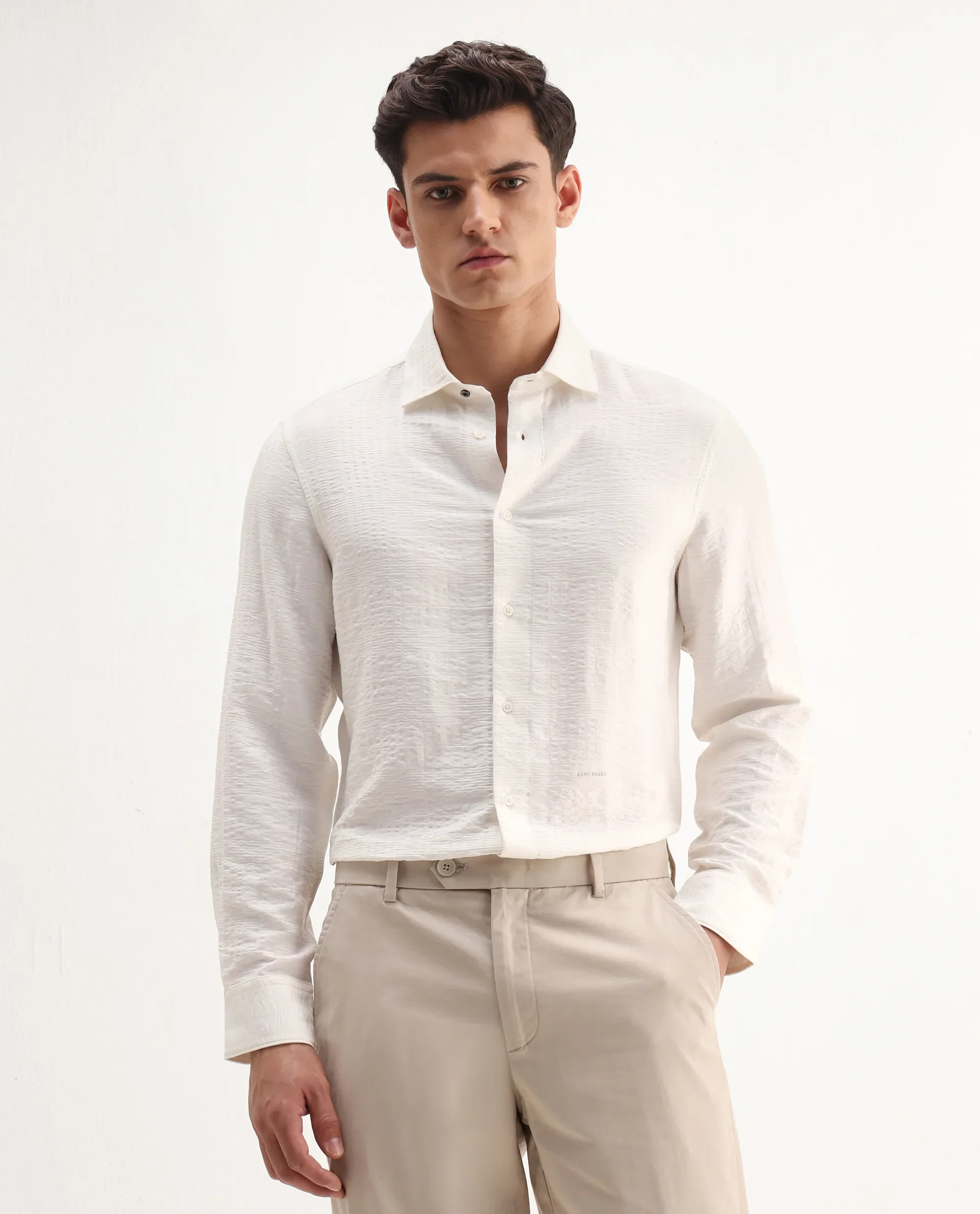Rare Rabbit Men's Vaxo Off White Viscose Blend Checked Print Regular Fit Full Sleeve Collared Shirt - Image 4