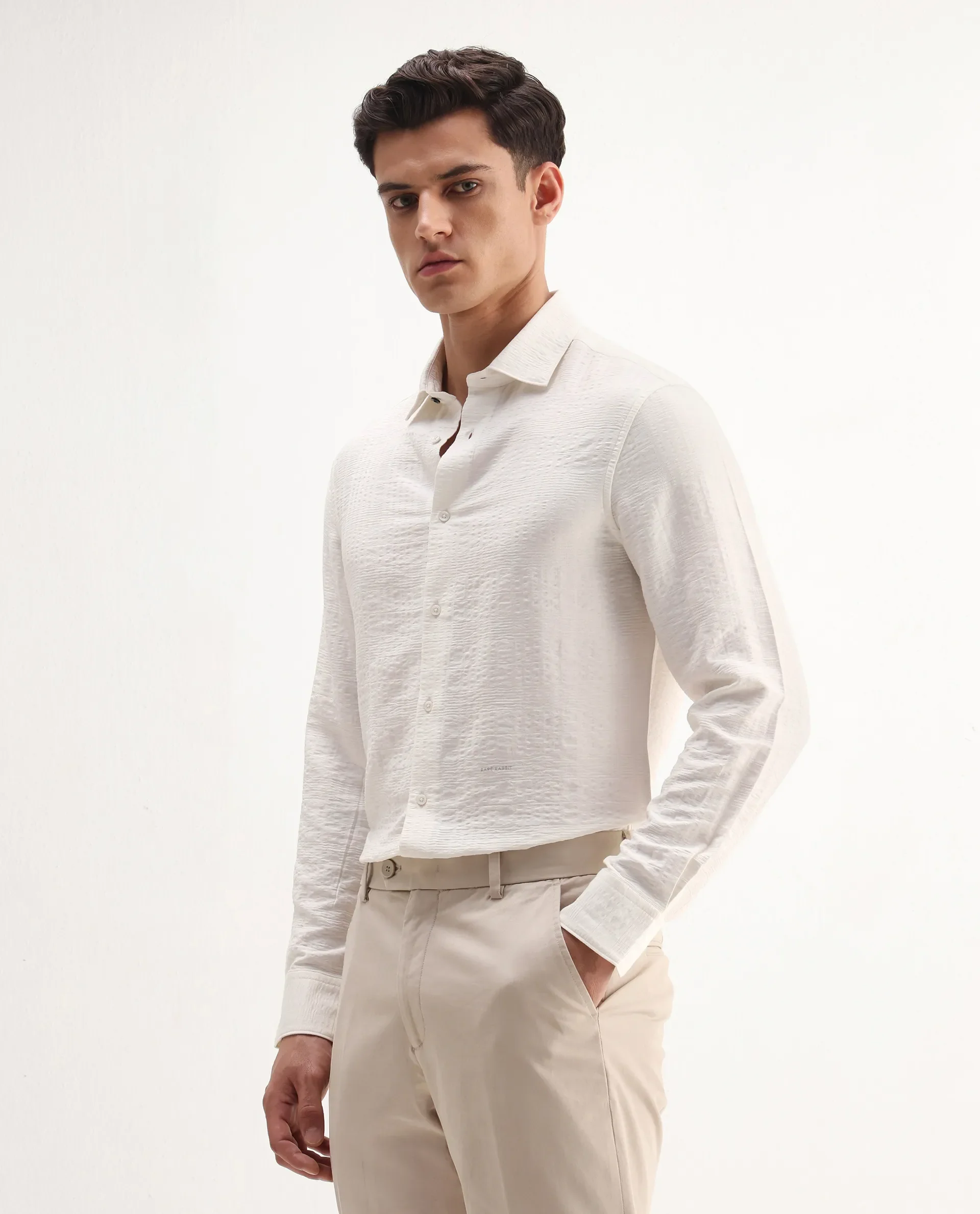 Rare Rabbit Men's Vaxo Off White Viscose Blend Checked Print Regular Fit Full Sleeve Collared Shirt - Image 5