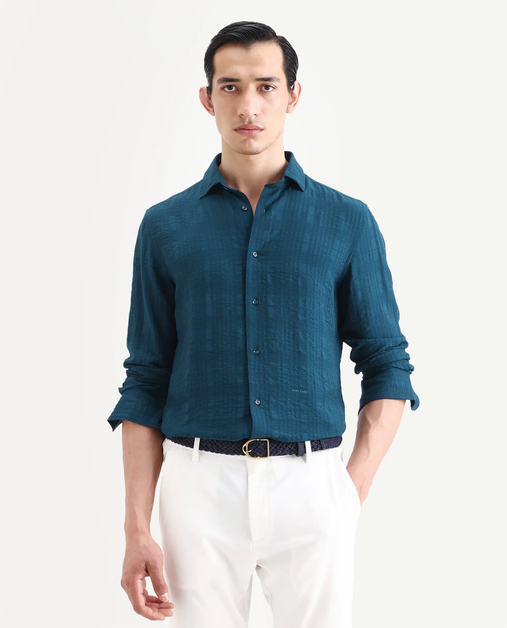 Rare Rabbit Men's Vaxo Teal Viscose Blend Checked Print Regular Fit Full Sleeve Collared Shirt - Image 3