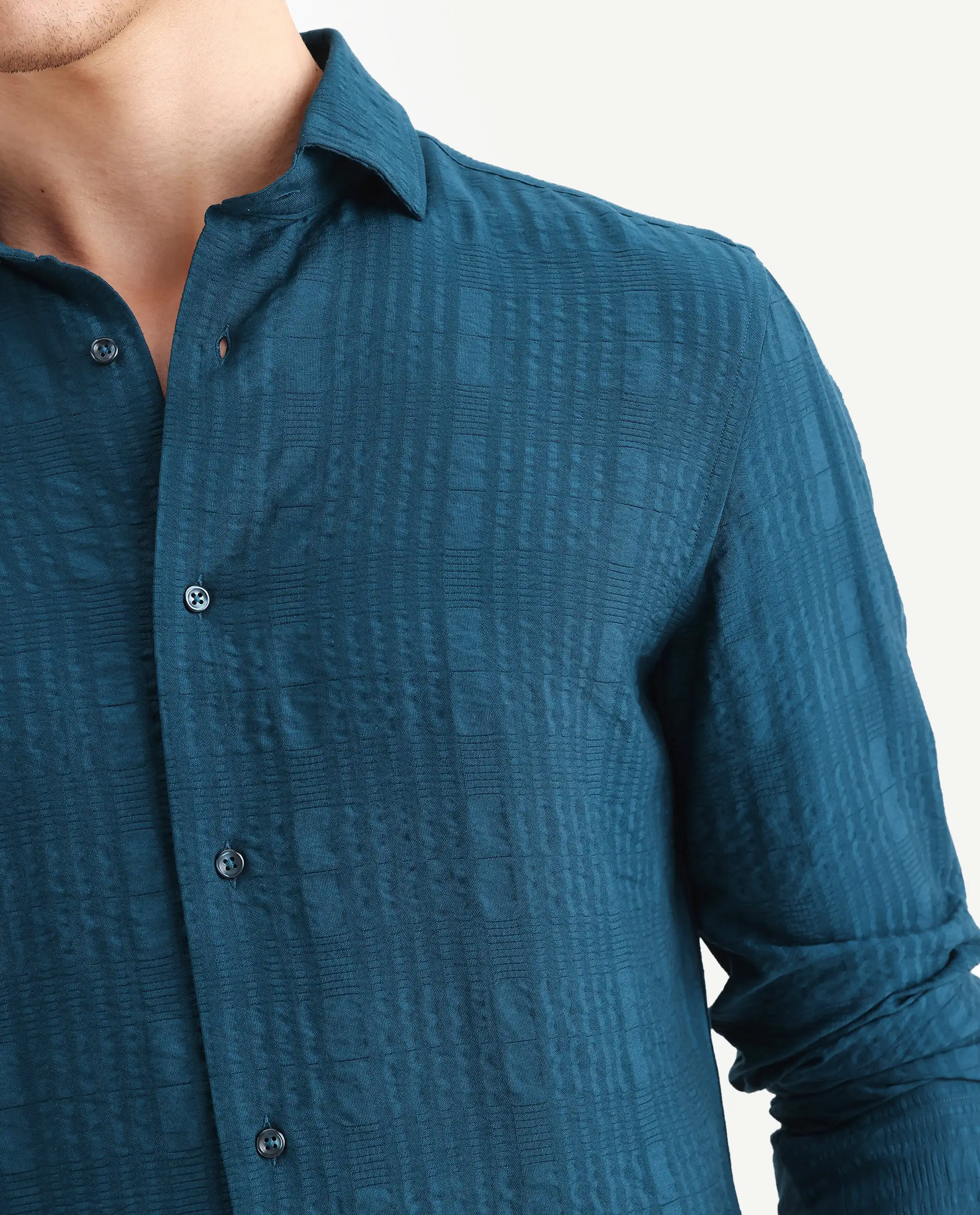 Rare Rabbit Men's Vaxo Teal Viscose Blend Checked Print Regular Fit Full Sleeve Collared Shirt - Image 4