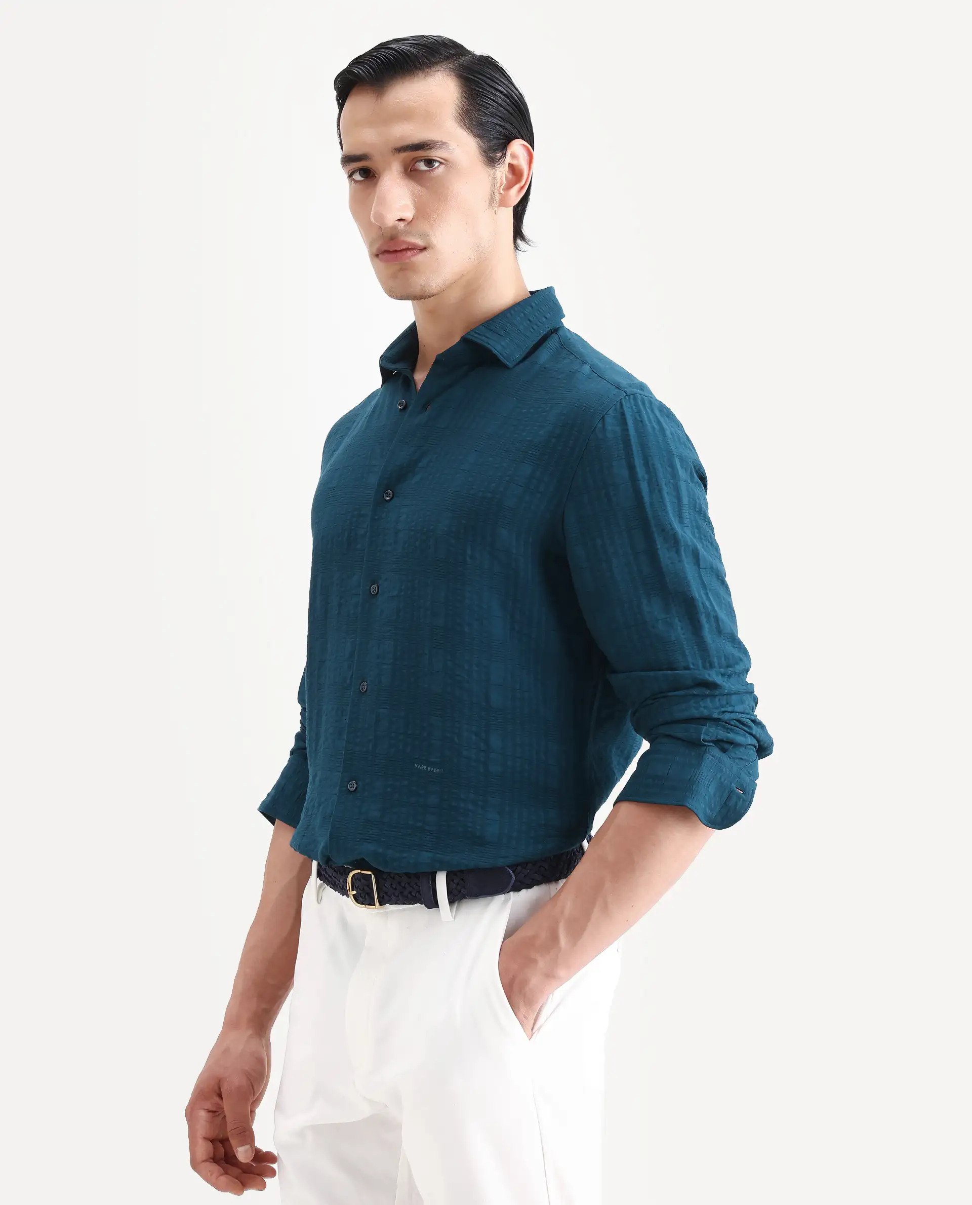 Rare Rabbit Men's Vaxo Teal Viscose Blend Checked Print Regular Fit Full Sleeve Collared Shirt - Image 5