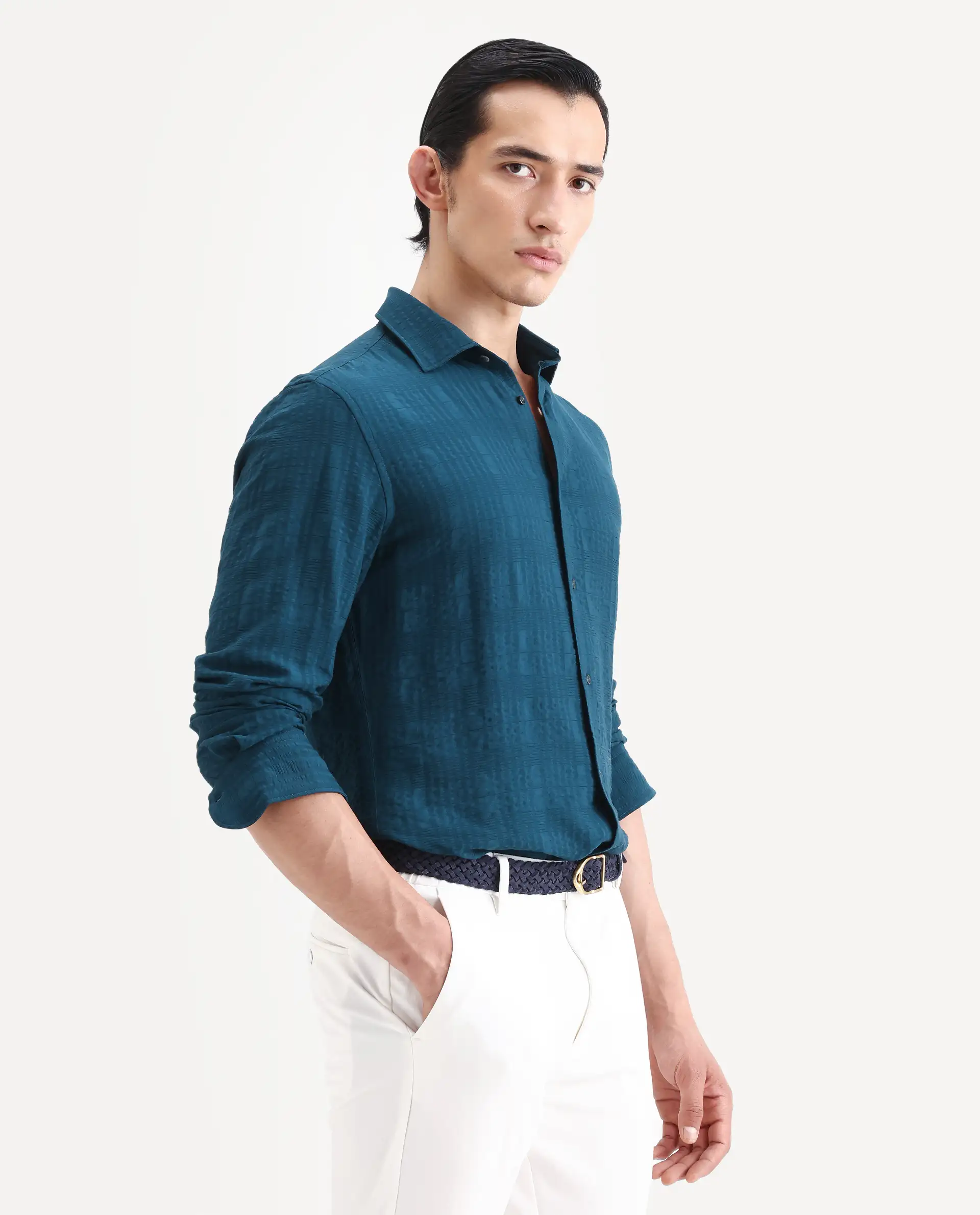 Rare Rabbit Men's Vaxo Teal Viscose Blend Checked Print Regular Fit Full Sleeve Collared Shirt - Image 6