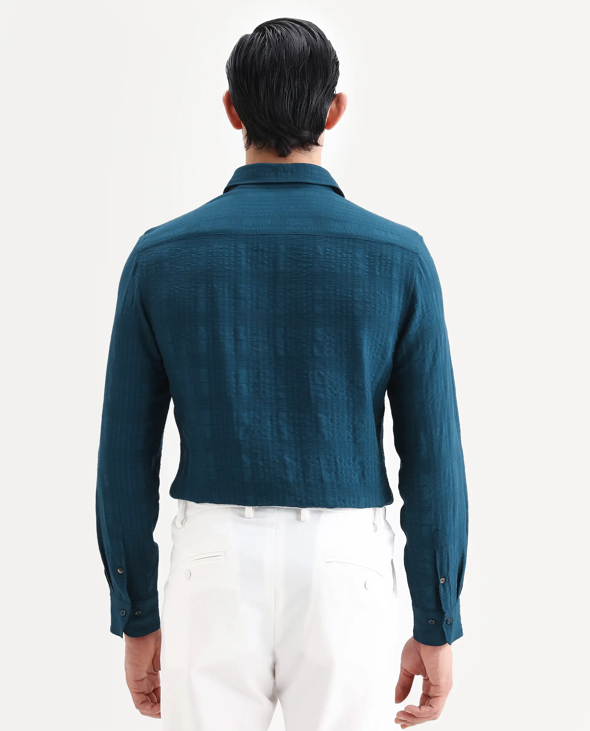 Rare Rabbit Men's Vaxo Teal Viscose Blend Checked Print Regular Fit Full Sleeve Collared Shirt - Image 7